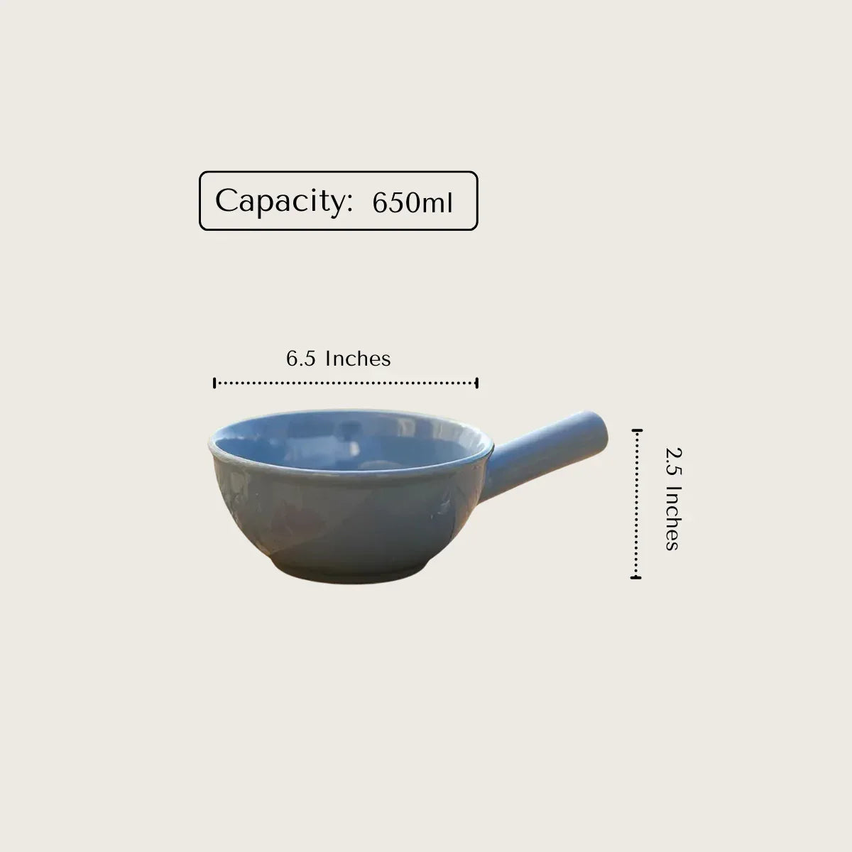 650ml blue ceramic bowl with handle to serve hot chocolate, soup or cheese fondue.
