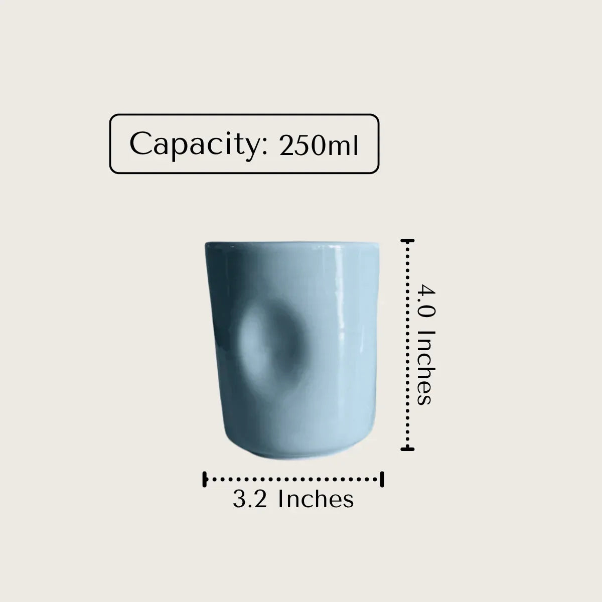 4.0" x 3.2" size graphic; illustrating the 250ml capacity and the ergonomic, tapered design of the glasses.