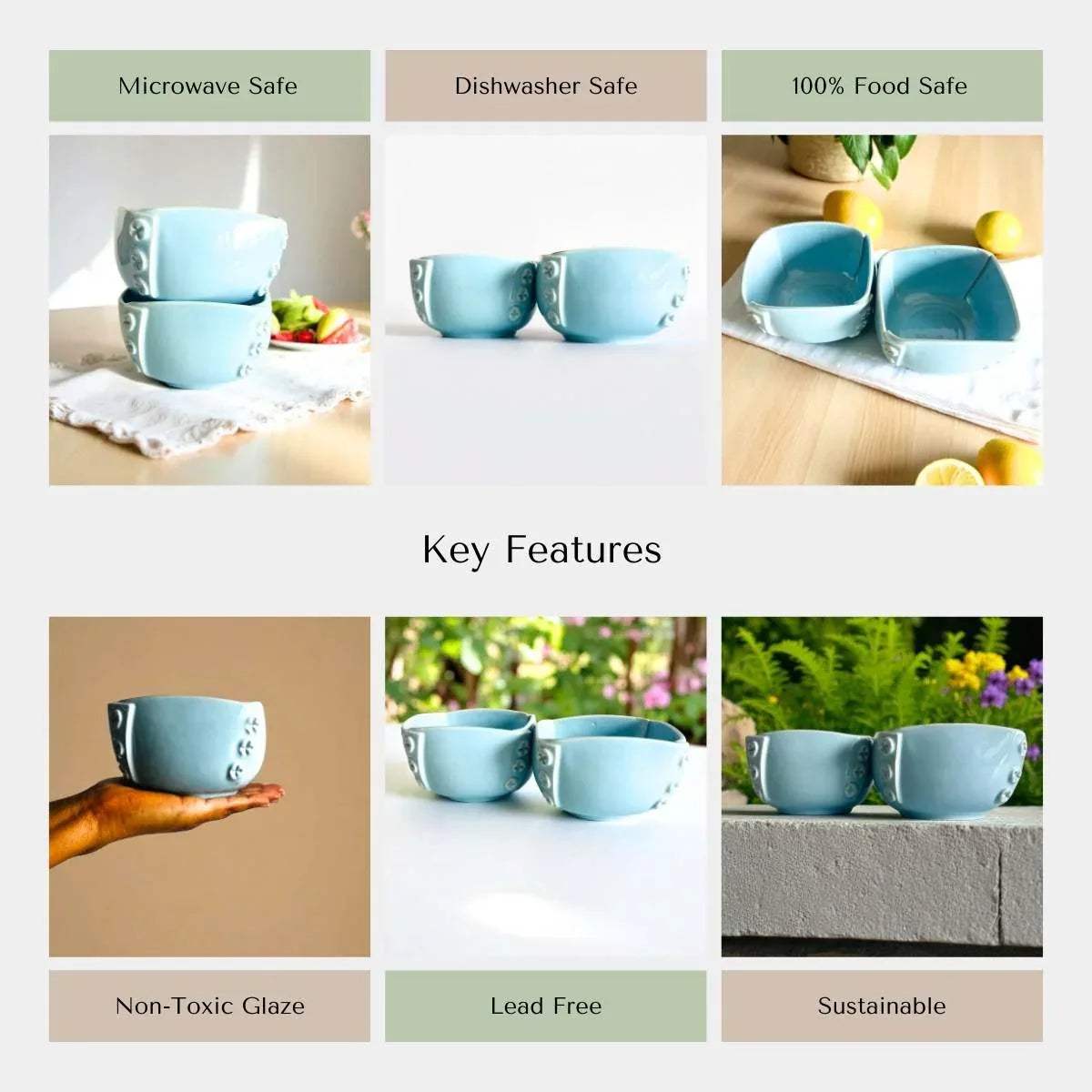 Artisan quality icons; handcrafted in India, non-toxic glaze, microwave/dishwasher safe, and stackable design.