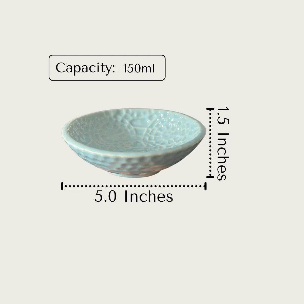 5.0" diameter graphic; illustrating the shallow, wide-rimmed design ideal for side portions and condiments.