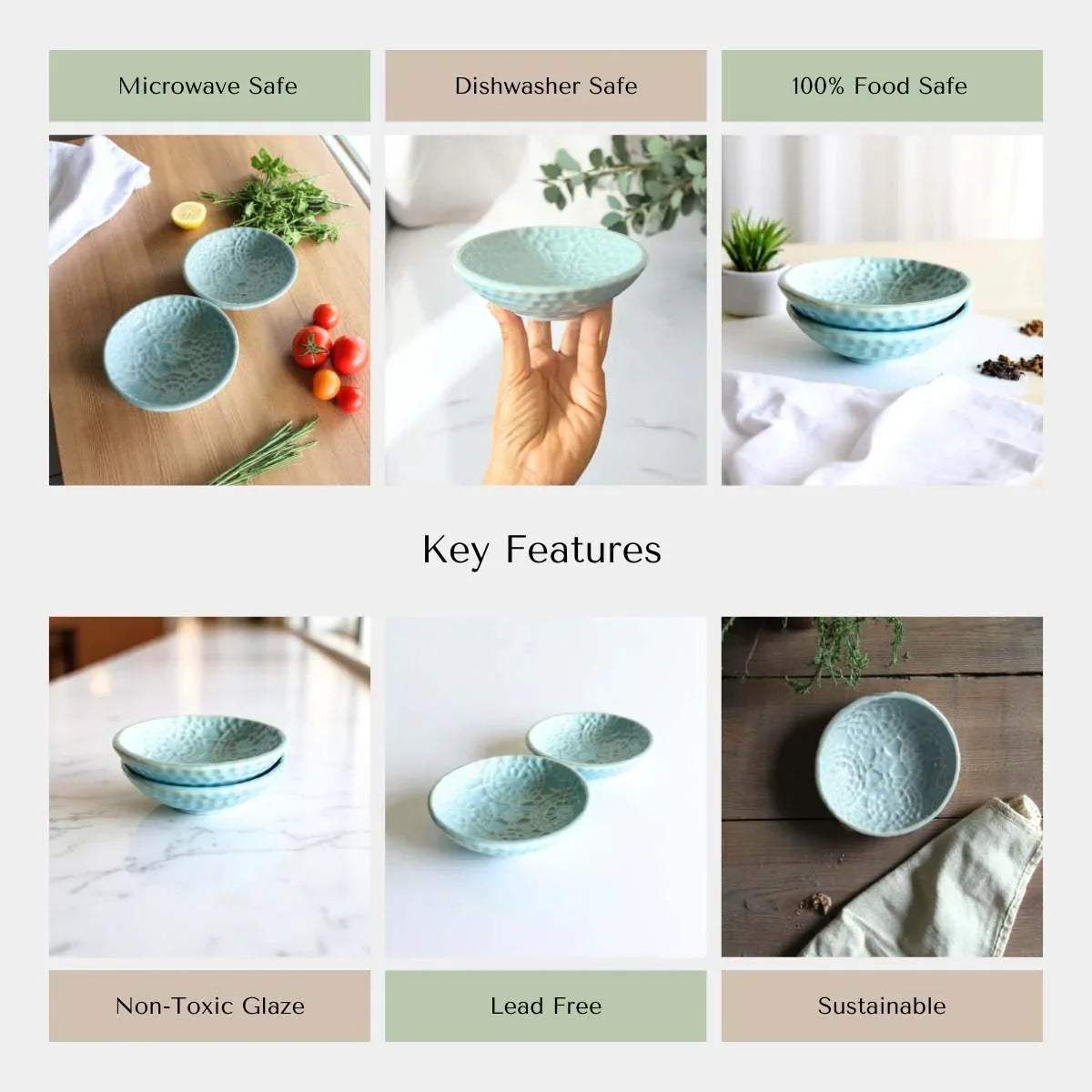 Rustic Stone quality; handcrafted in India, microwave/dishwasher safe, non-toxic glaze, and stackable for easy storage.