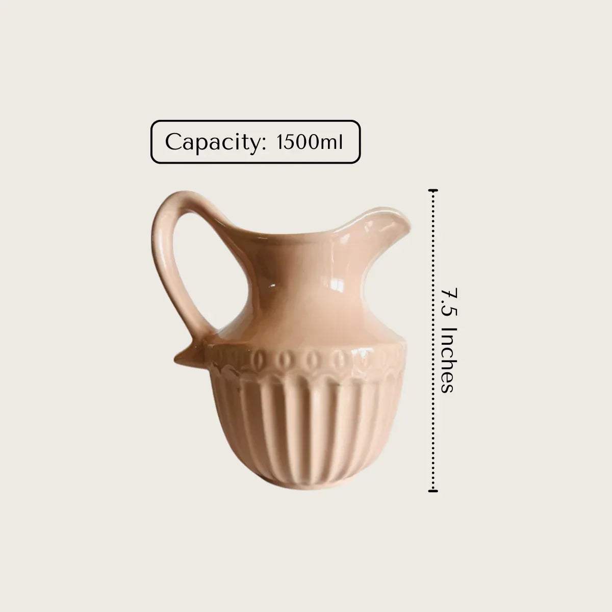1.5L pink ceramic pitcher with measurements and capacity.