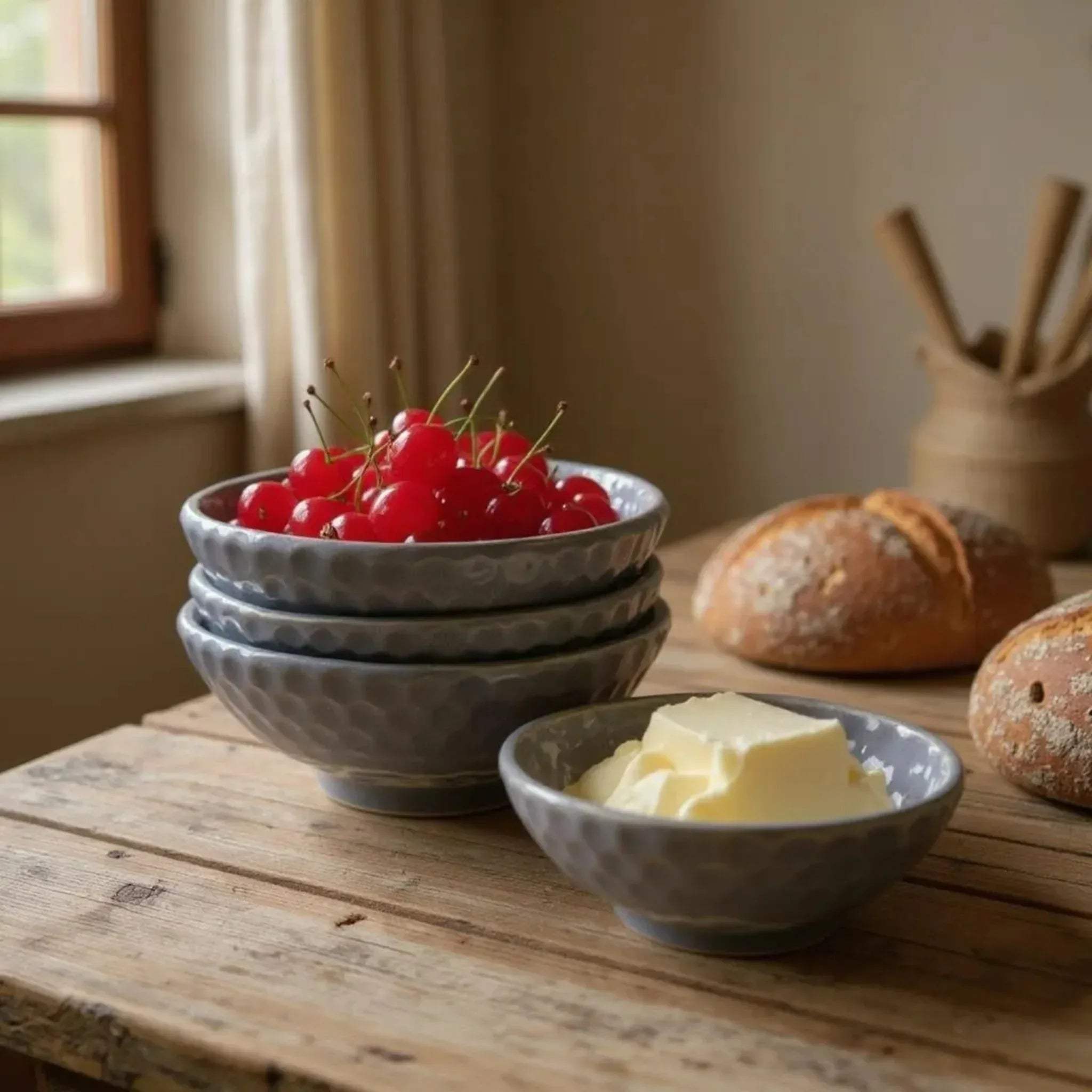 Stackable ceramic bowls illustrating the shallow, wide-rimmed design ideal for side portions and condiments