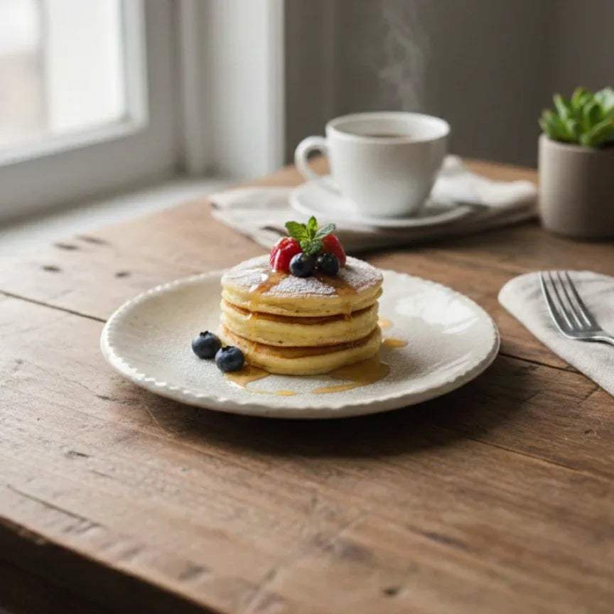 Quiet morning ritual; the speckled plates paired with a steaming latte on a textured linen tablecloth.