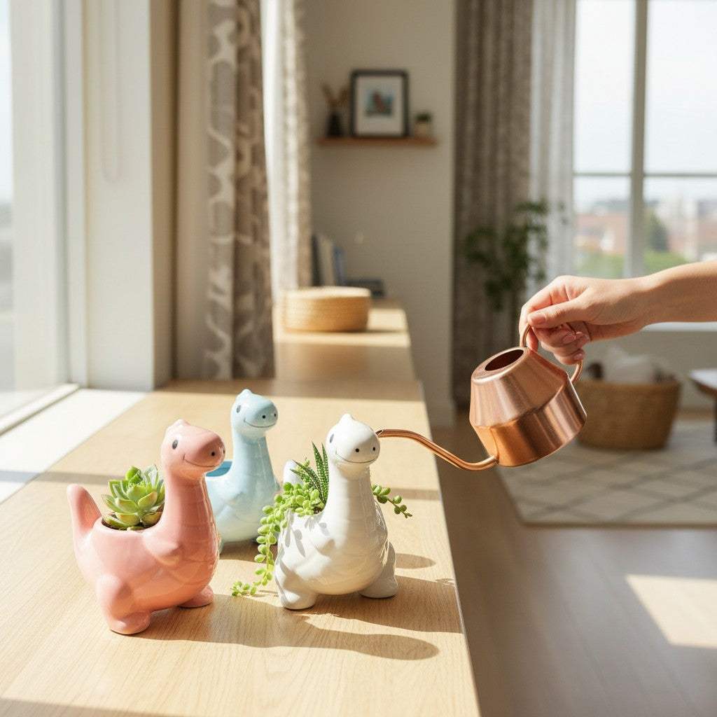 Three colorful ceramic dinosaur planters on a cozy apartment window sill.