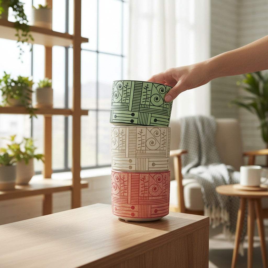 Top-down view of the Tribal Planters demonstrating how three small 4.5-inch pots seamlessly stackup for small storage space.
