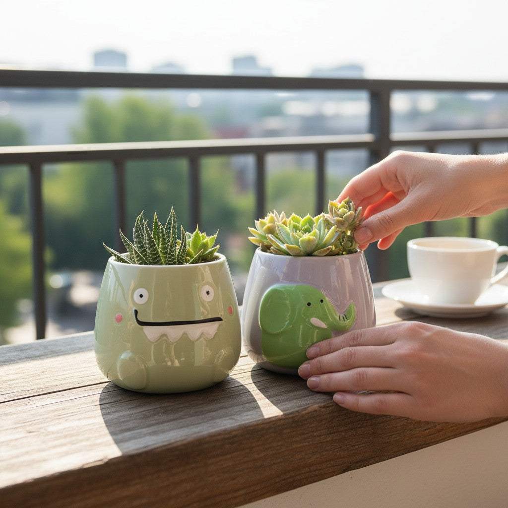 Hand-held size reference showing the compact footprint of the small green monster ceramic desk pot.