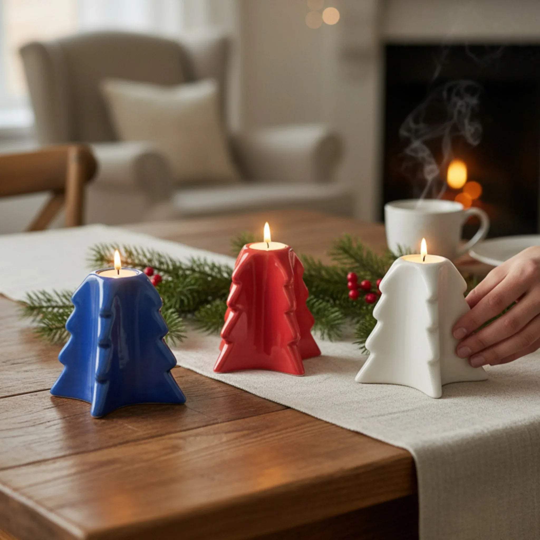 Winter dinner; the holders used as a center-row tablescape on a beige linen runner.