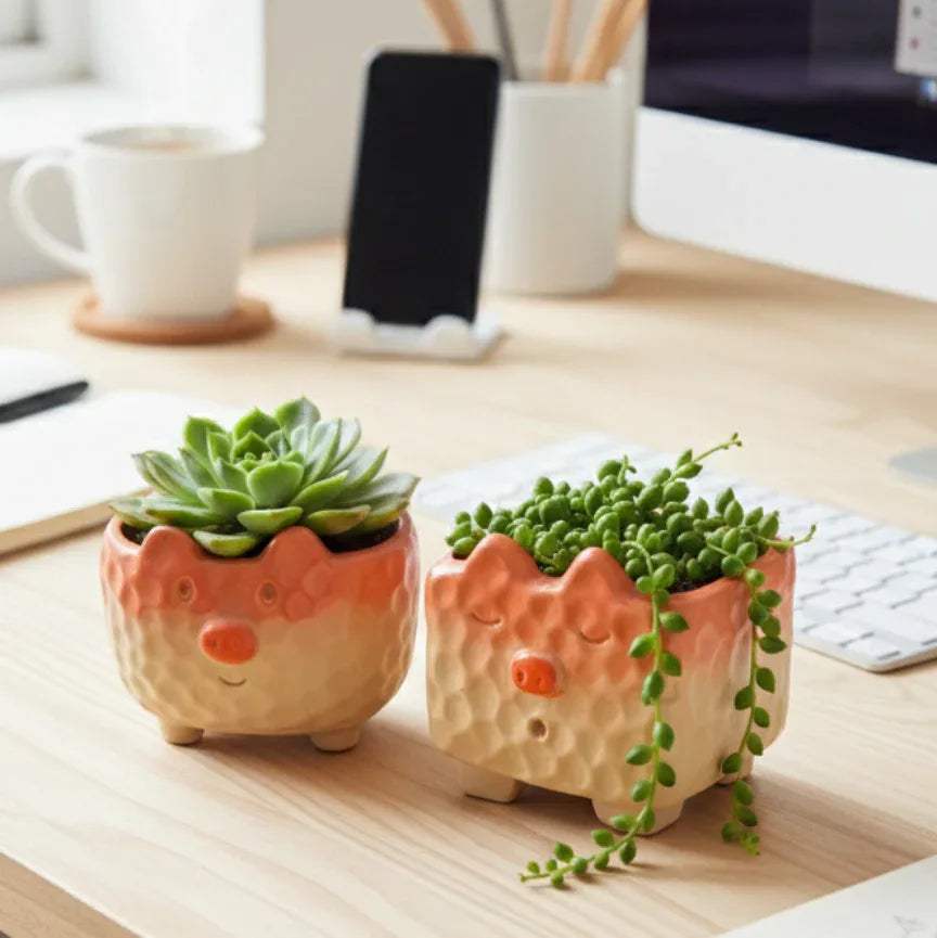 Snuggle Snout Planters; a set of two whimsical ceramic pig-shaped planters in a soft, matte pastel finish.