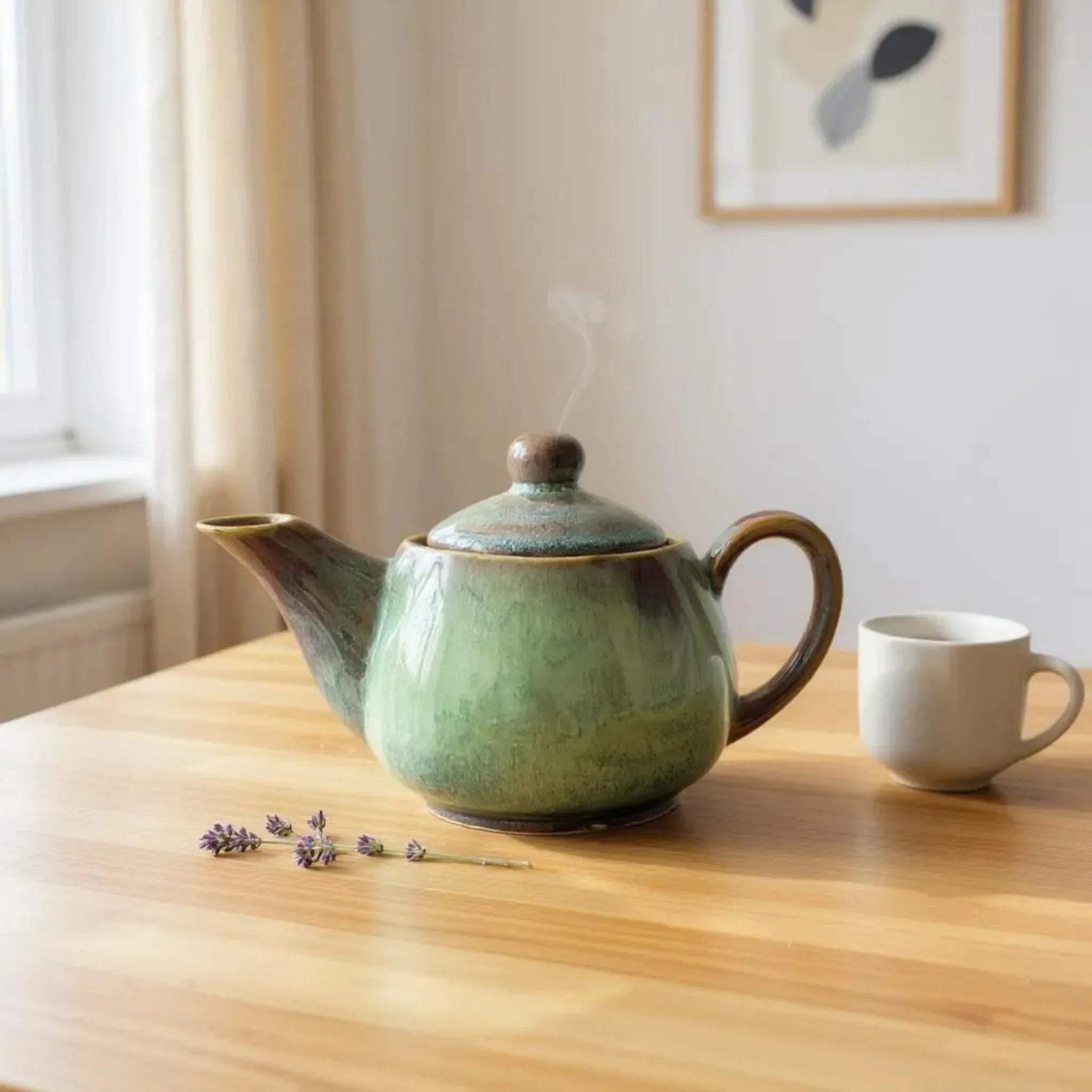 Meditative morning; the mini kettle steaming next to a single tea cup on a low wooden table.