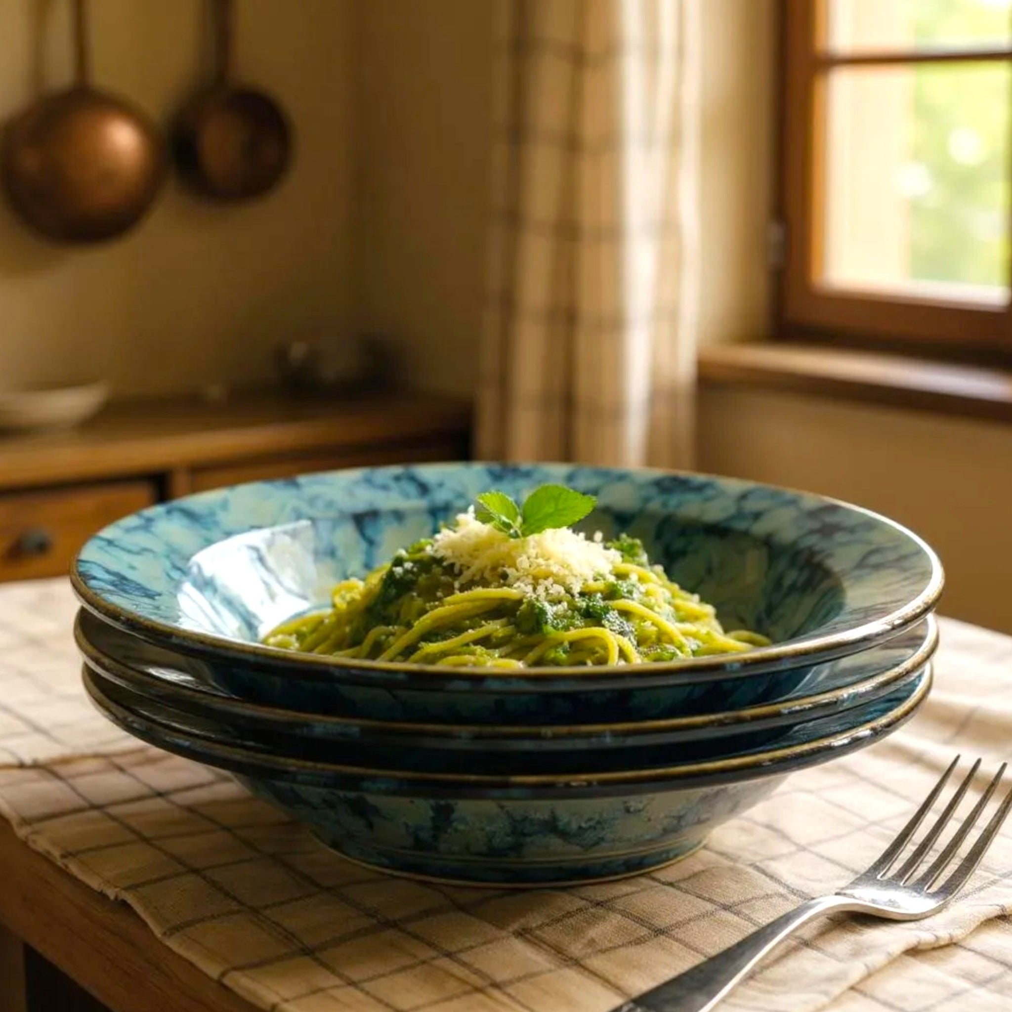 Set of stacked blue pasta plates with pesto pasta and a fork.
