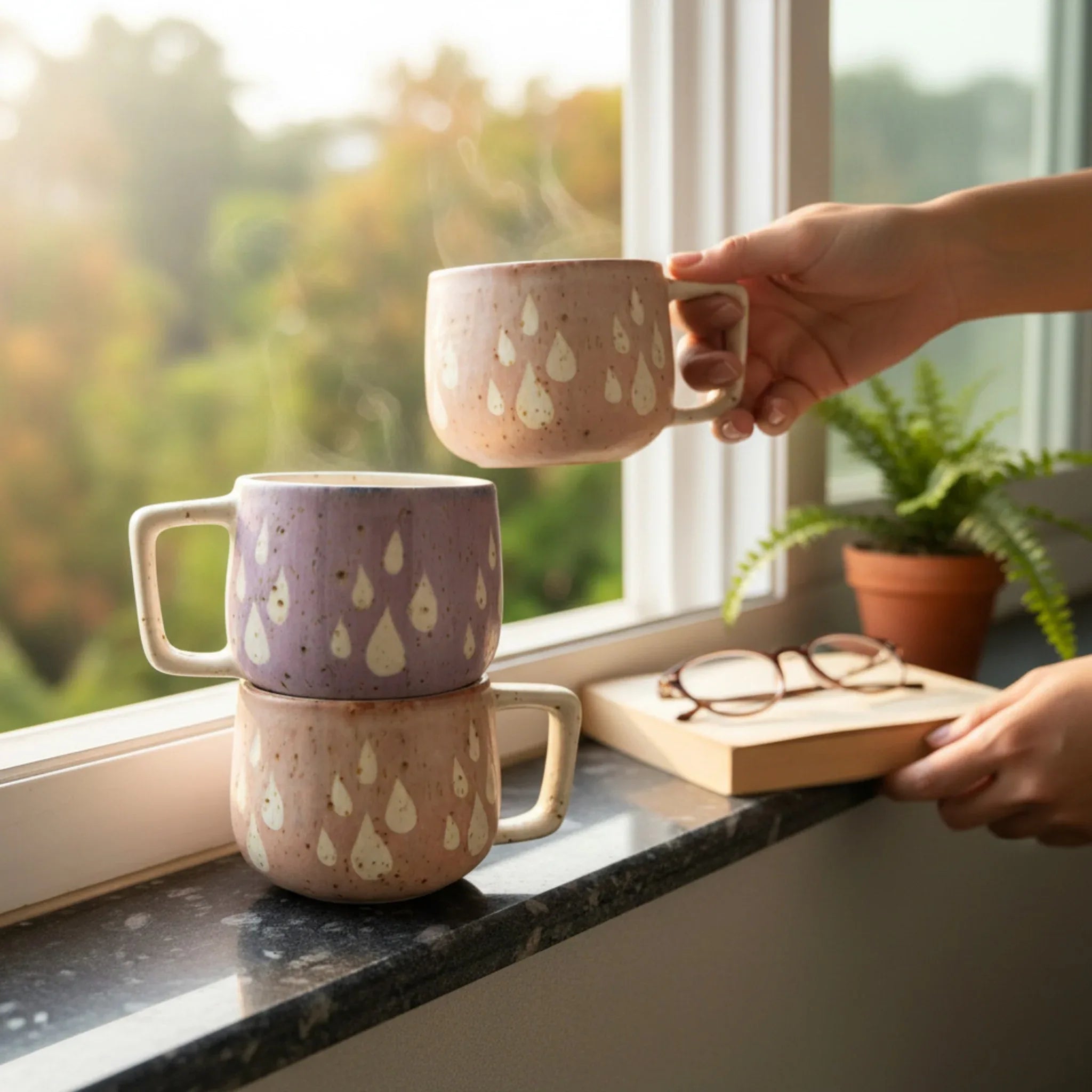 Pink and purple Dewdrop Mugs stacked; highlighting the organic shapes and complementary pastel tones.
