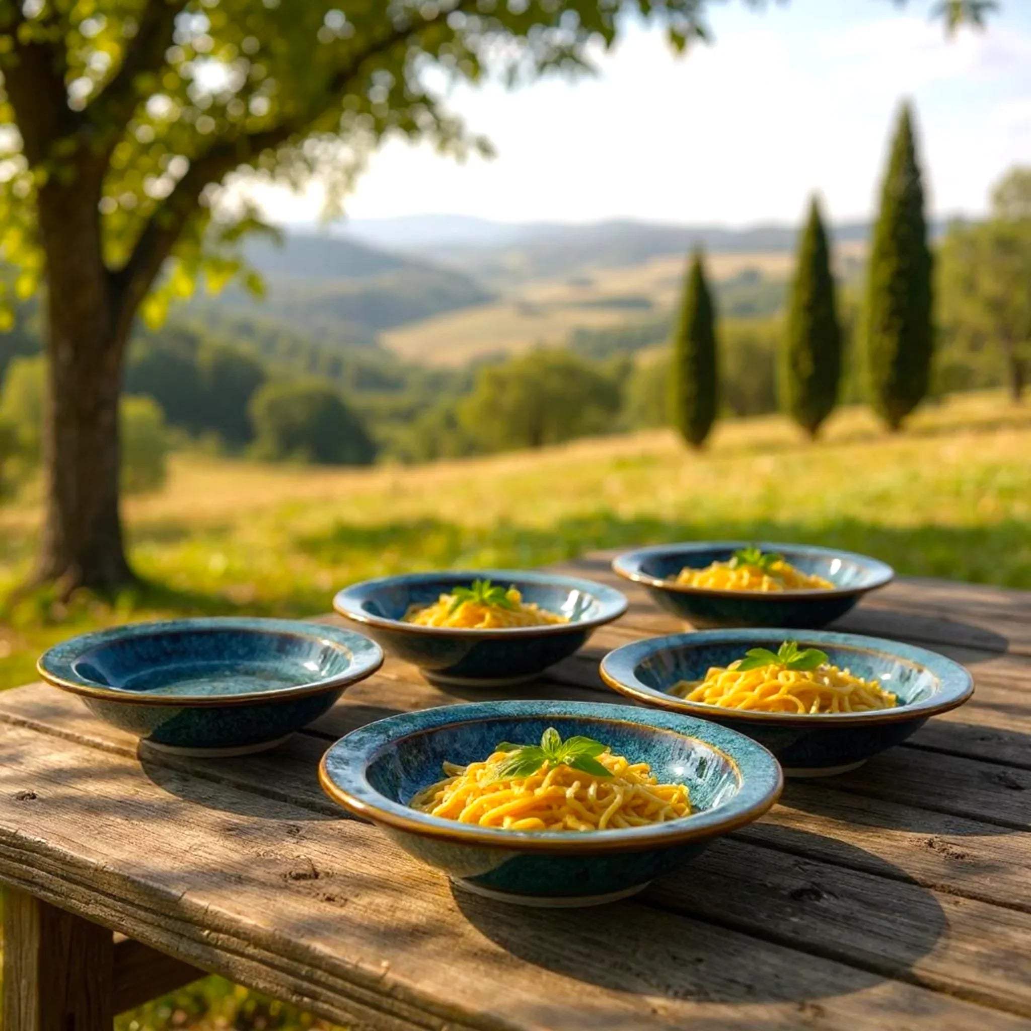 Cozy picnic set up; maggi served in the starry blue plates on a dark wooden table on a lush hillside cafe.