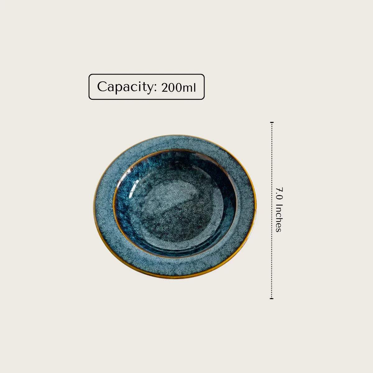 200ml blue ceramic bowl with dimensions and capacity.