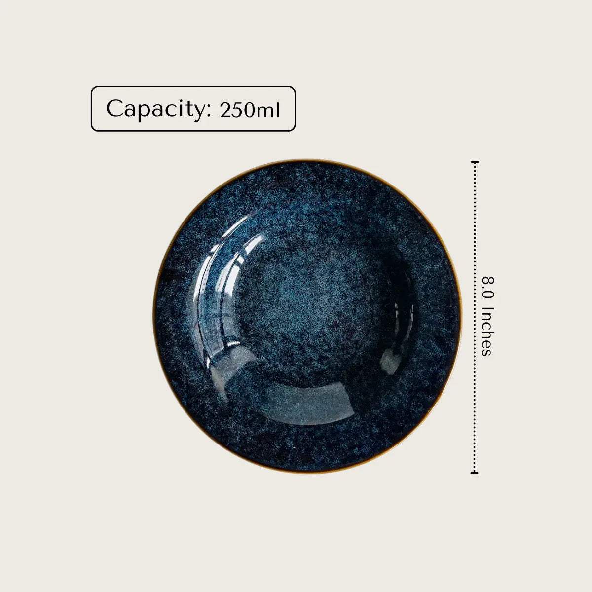 Starry Night plate specs; 8.0" diameter, 250ml capacity; perfect for main courses, salads, or appetizers.