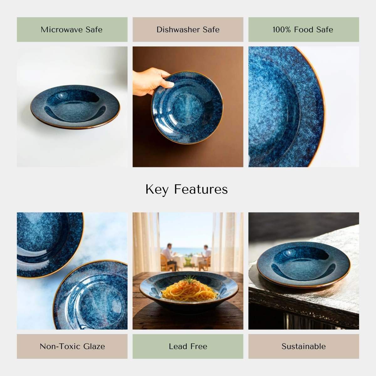 Microwave and dishwasher safe ceramic; non-toxic glaze on handcrafted artisan pasta plates.