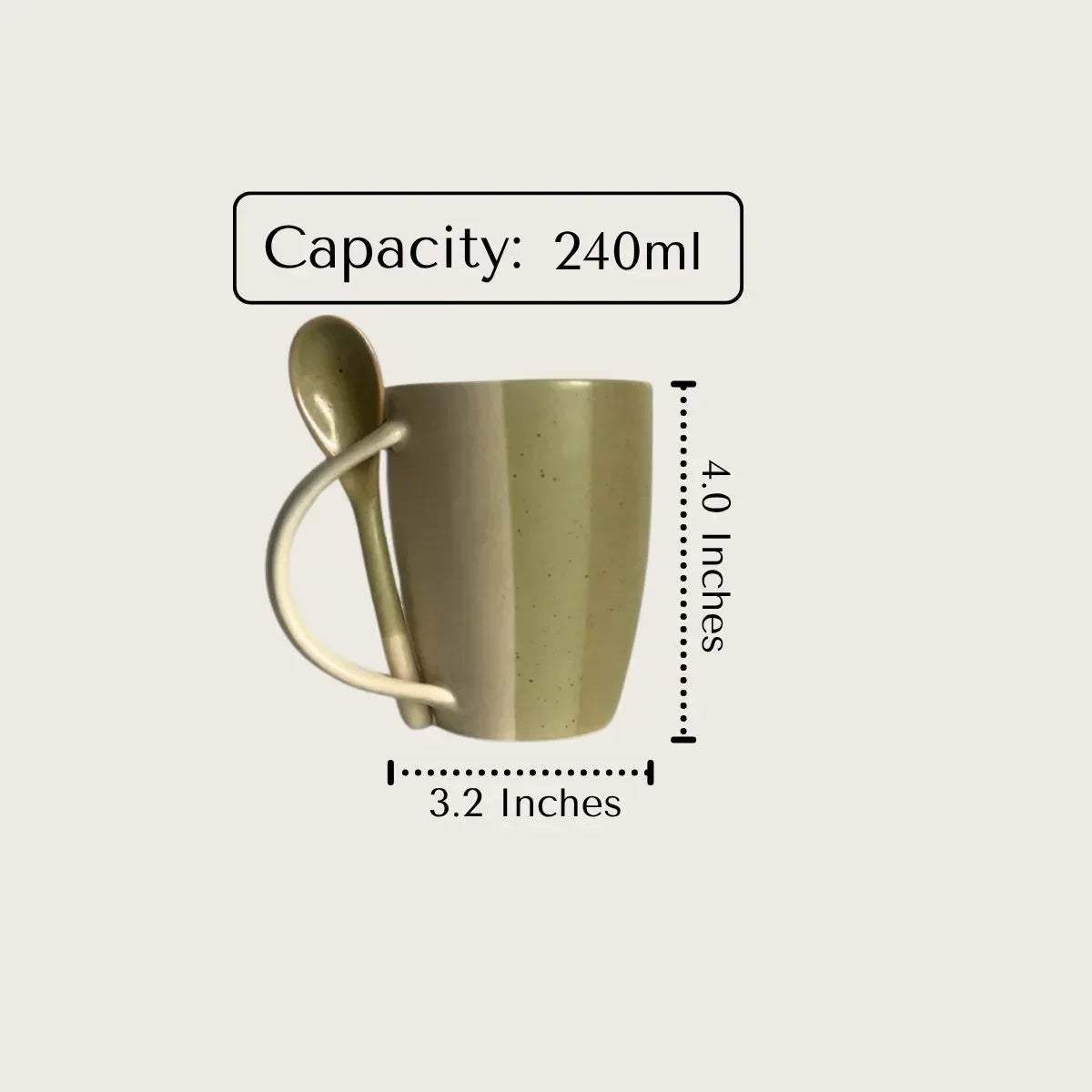 Rustic Stone artisanal green ceramic mug with spoon, 240ml capacity, 4x3.2 inches
