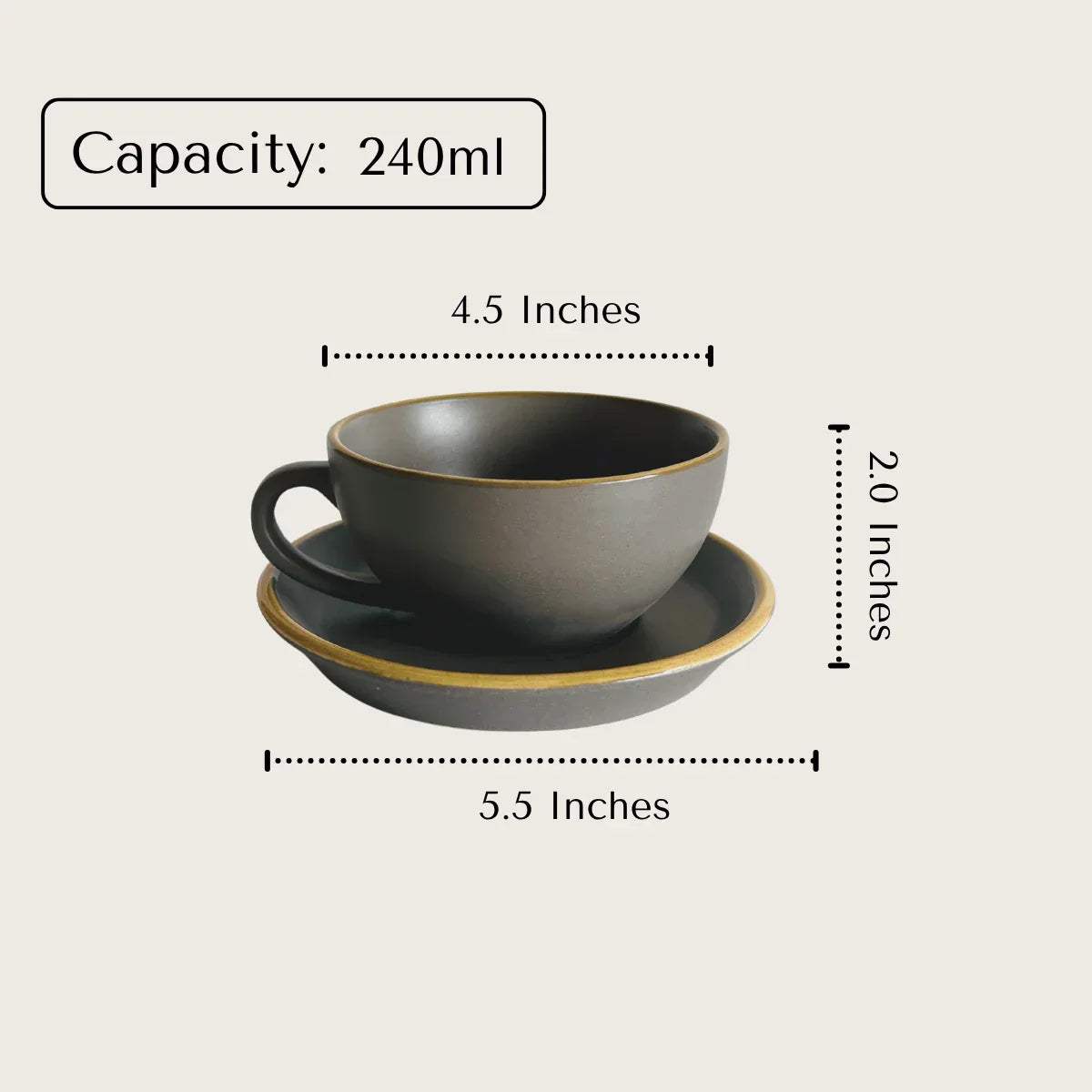 240ml gey ceramic cup and saucer with measurements; great for coffee mornings.