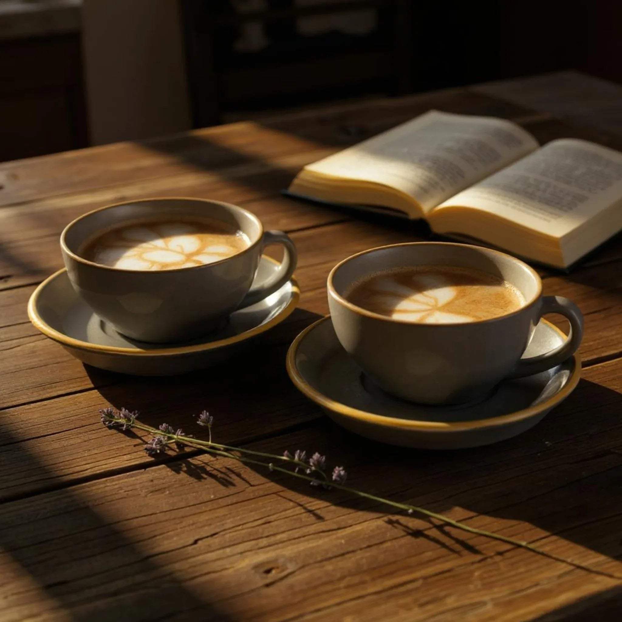 Stone and Sand Coffee Set; two handcrafted ceramic mugs featuring a textured, earthy dual-tone glaze.