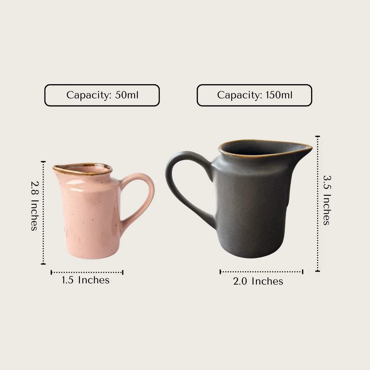 Stone and Sorbet specs; 3.5" height x 2.0" cube base, 150ml capacity handcrafted durable ceramic artisan piece or a small size with 50ml.