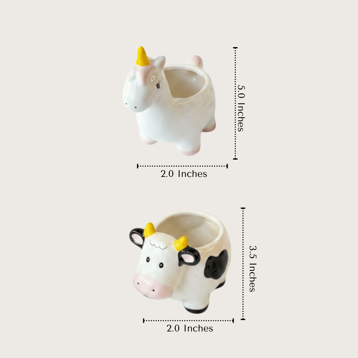 Two small ceramic planters shaped like a unicorn and a cow with measurements showing the compact size.