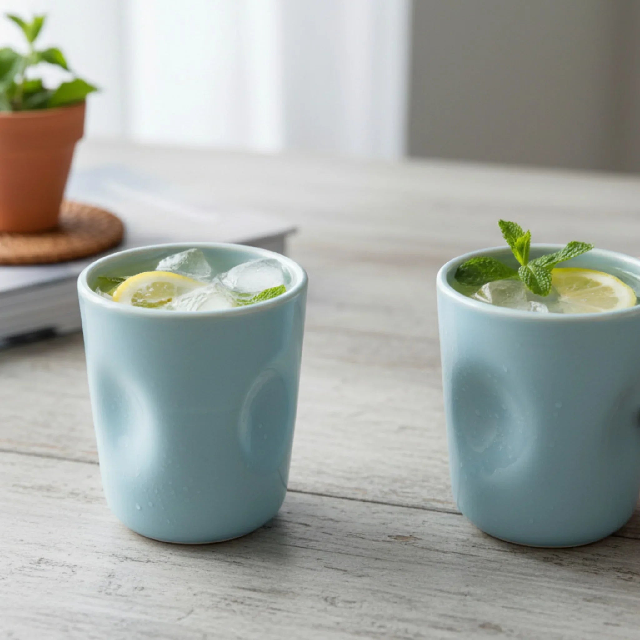 Summer brunch styling; glasses arranged on a table with fresh mint sprigs and lemon-infused water.
