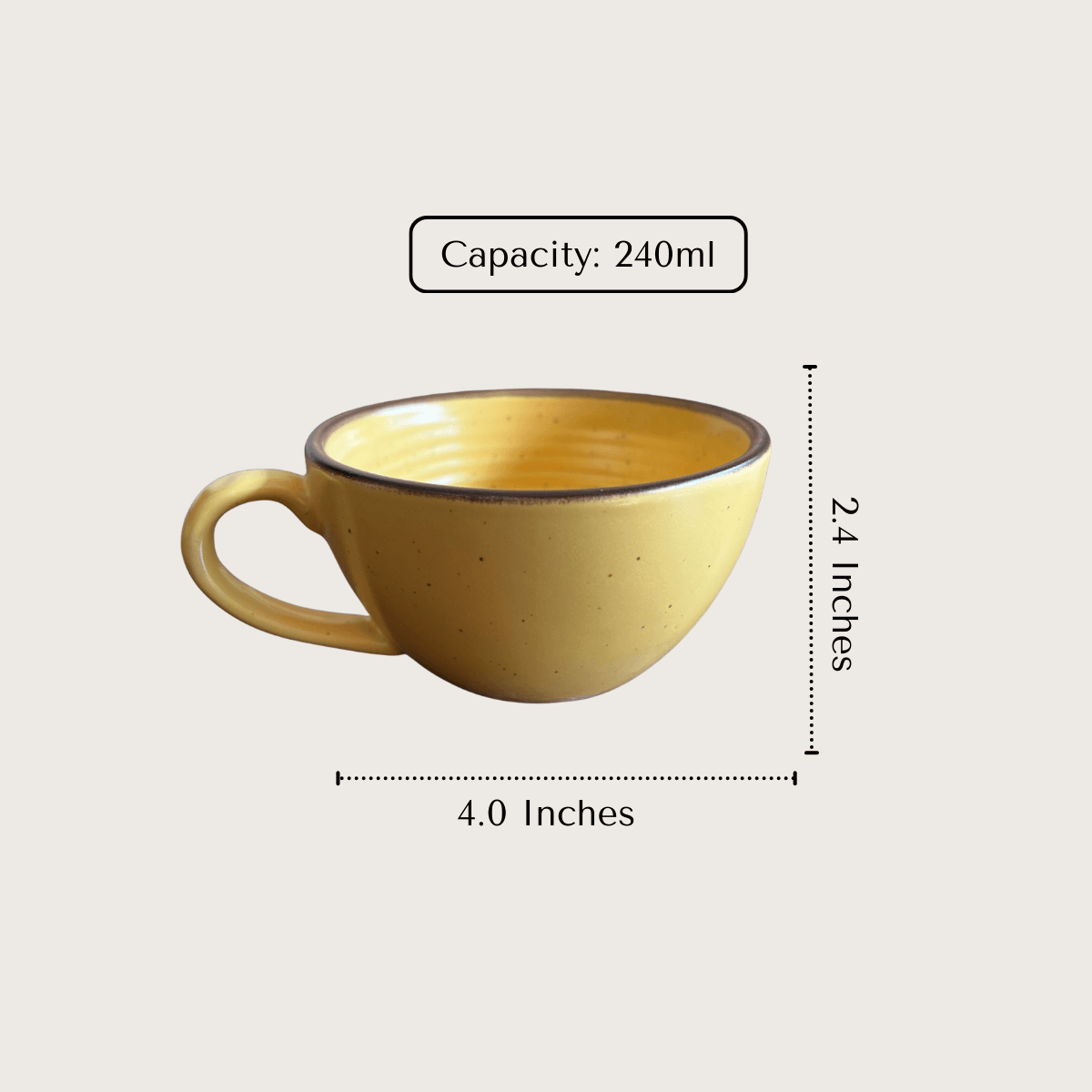 240ml yellow cappuccino ceramic cup with measurements 2.4 inches height x 4.0 inches diameter.