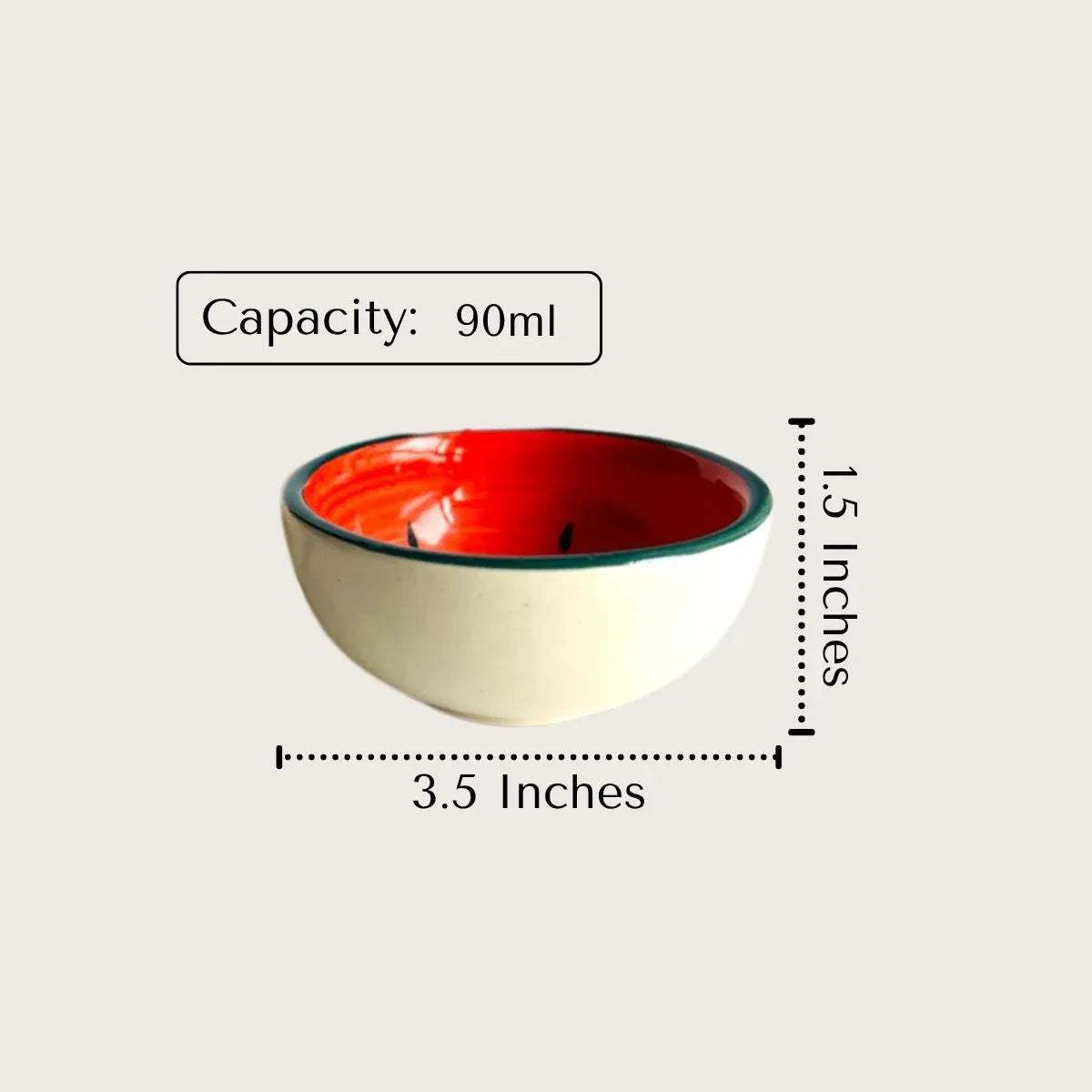 3.5" diameter graphic; showing the 90ml capacity per bowl, ideal for sauces, nuts, or small appetizers.