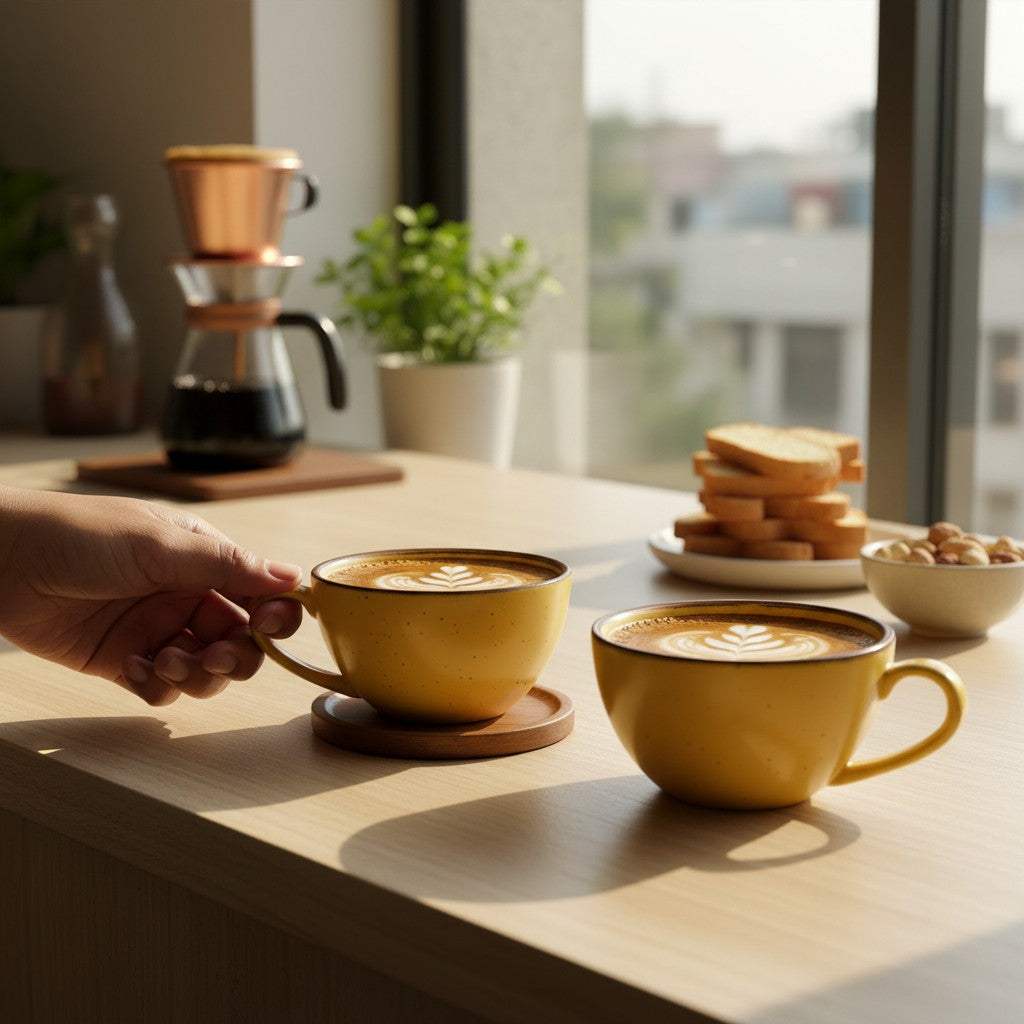 Summer's Cup catching golden hour sunlight on a white windowsill; aesthetic yellow ceramic coffee cup.