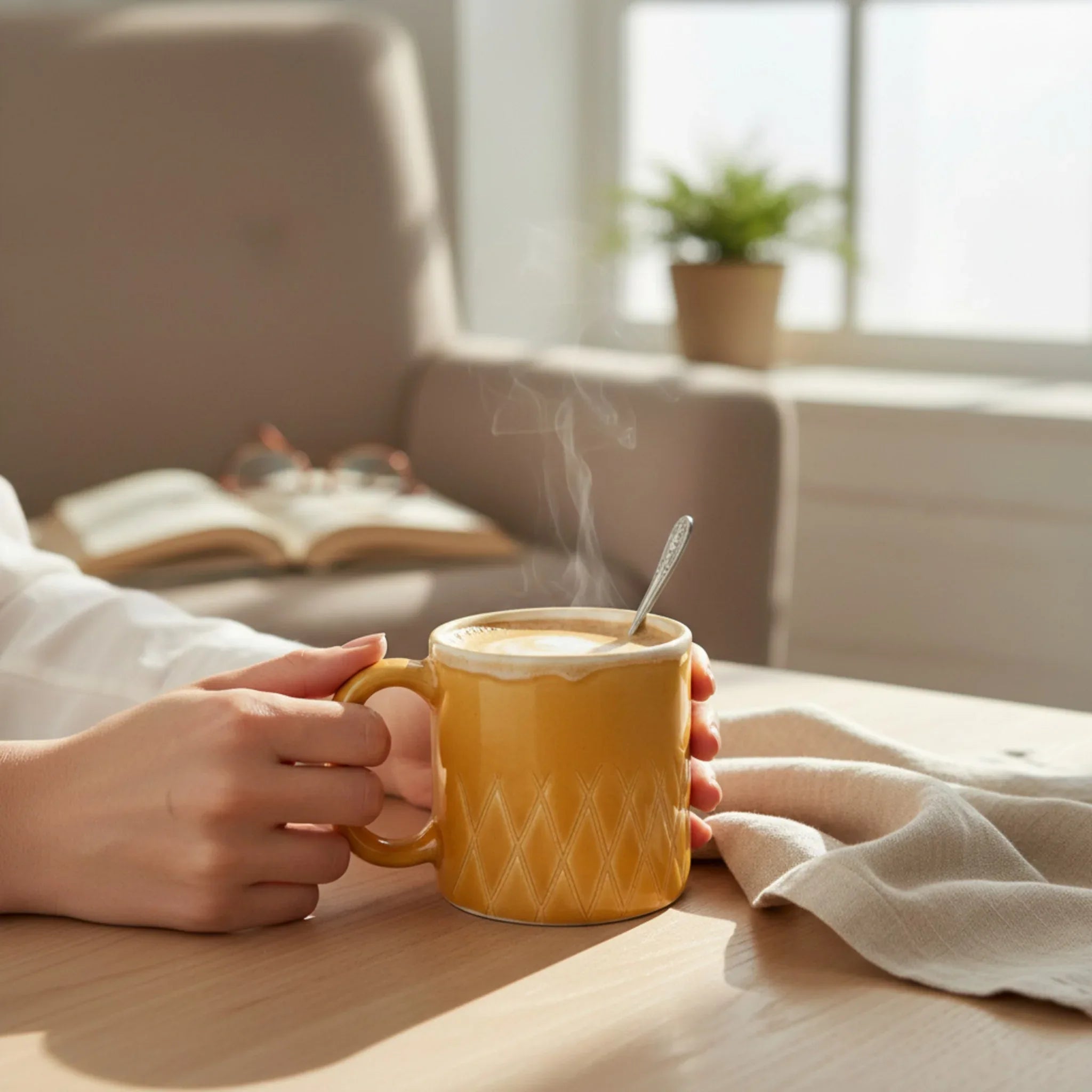 Sun-kissed yellow Waffle Mug; handcrafted ceramic coffee cup with a hand-pressed diamond texture and glossy glaze.