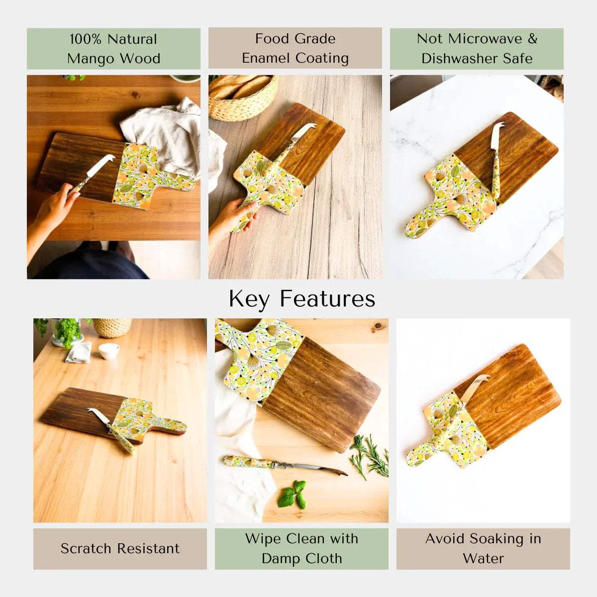 Rustic Stone quality; food-safe mango wood, scratch-resistant finish, and handcrafted floral details cheese board.