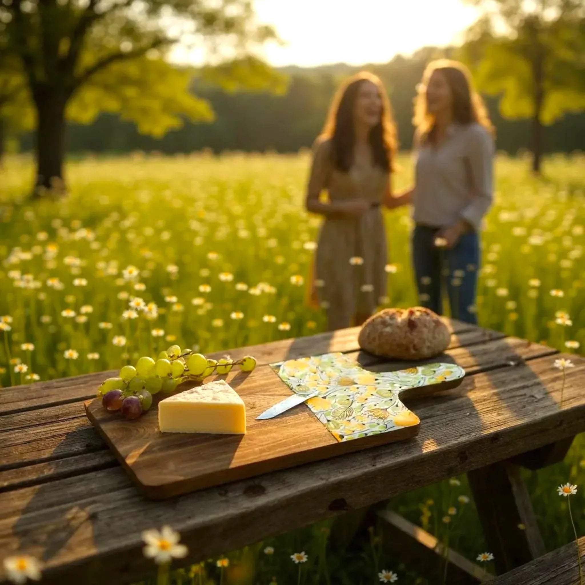 Afternoon picnic; the board filled with brie, grapes, and honey under soft sunlight on a checkered blanket.