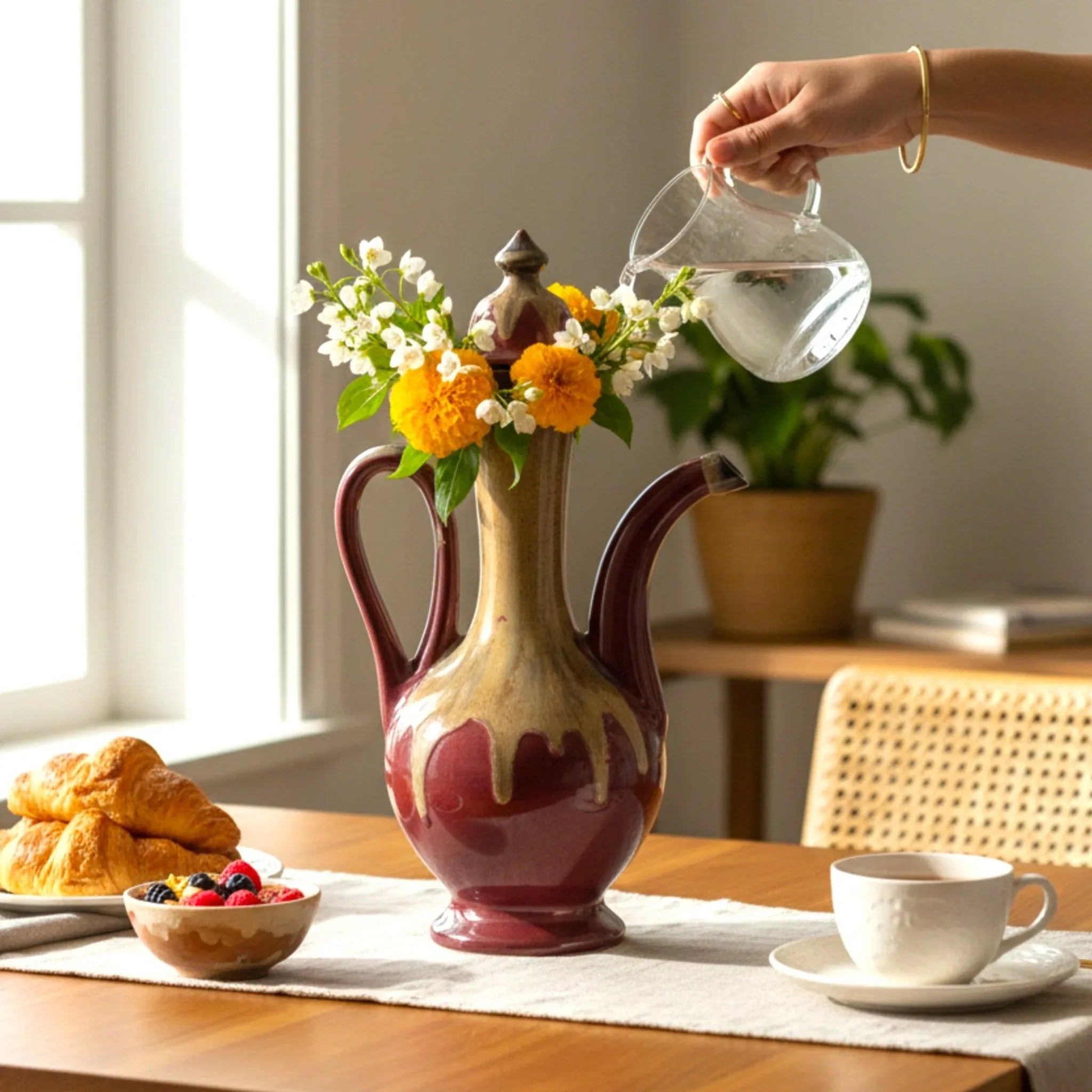 Lunch party focal point; the surahi acting as a centerpiece on a white linen tablecloth with gold accents.