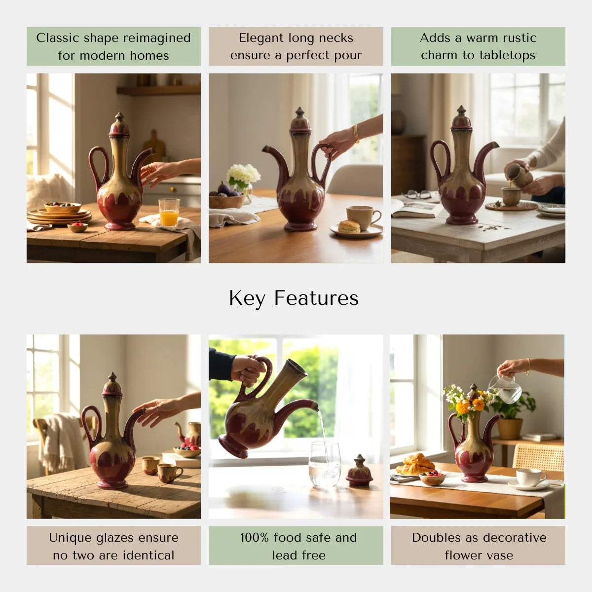 Rustic Stone quality; heat-retaining ceramic, lead-free, and handcrafted surahi or jug.