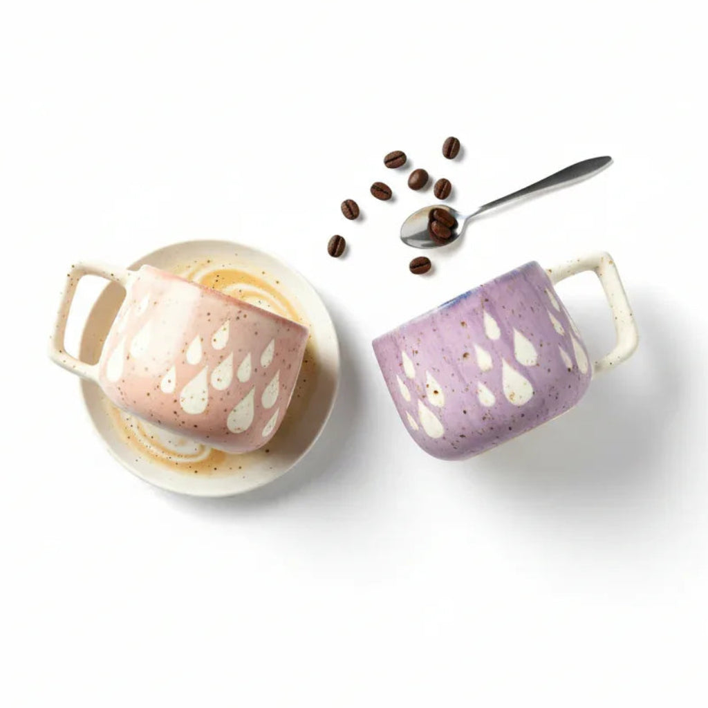 Close-up of dewdrop glaze; showing the unique, tactile texture and hand-painted artistry of the ceramic finish.