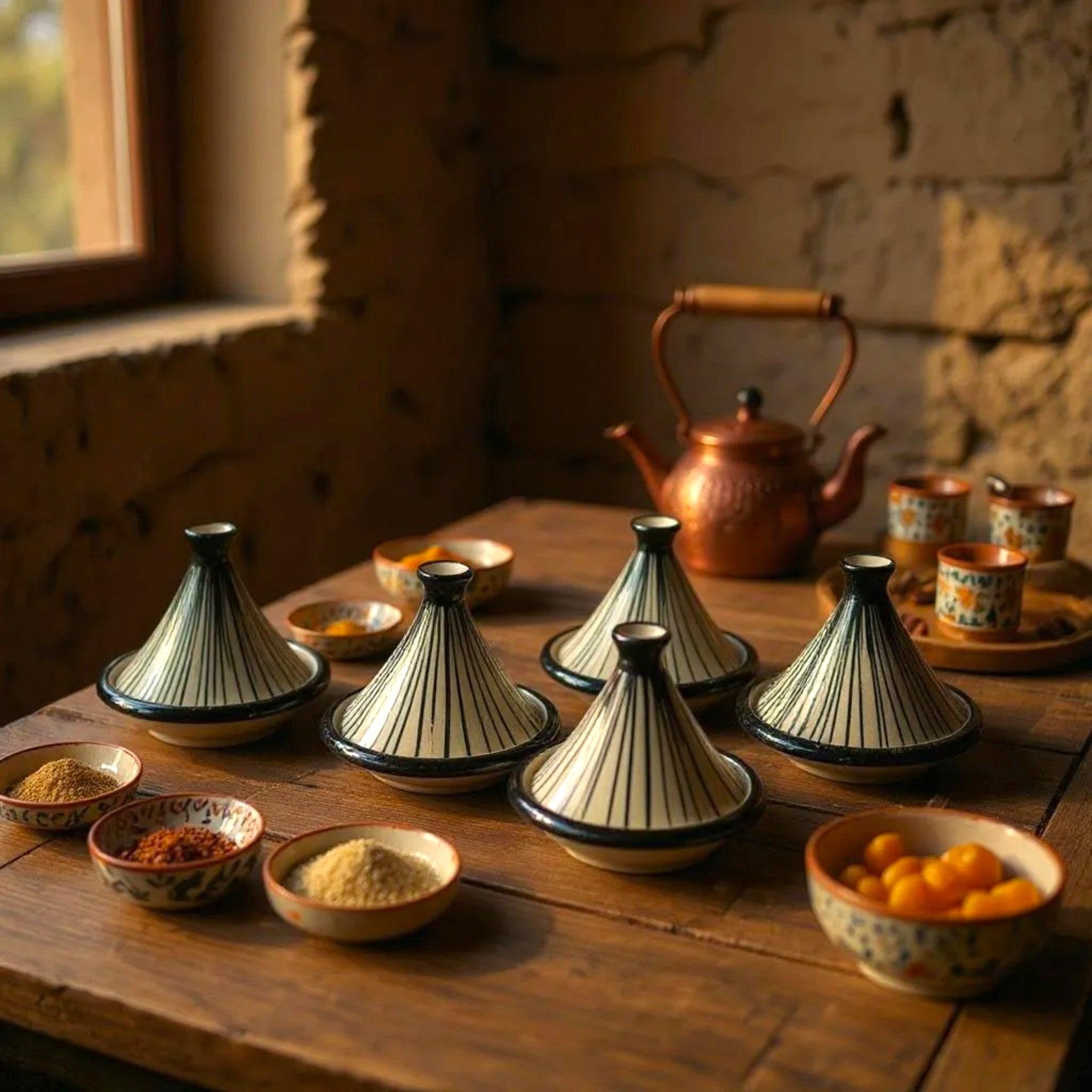 Set of ceramic tagines on a wooden table with a copper teapot in the background.