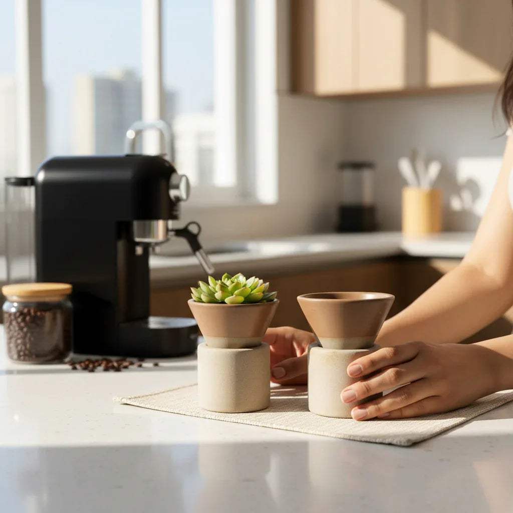 Organic espresso set with circle stand; aesthetic brown stoneware cup for a soft, Pinterest-style coffee ritual.