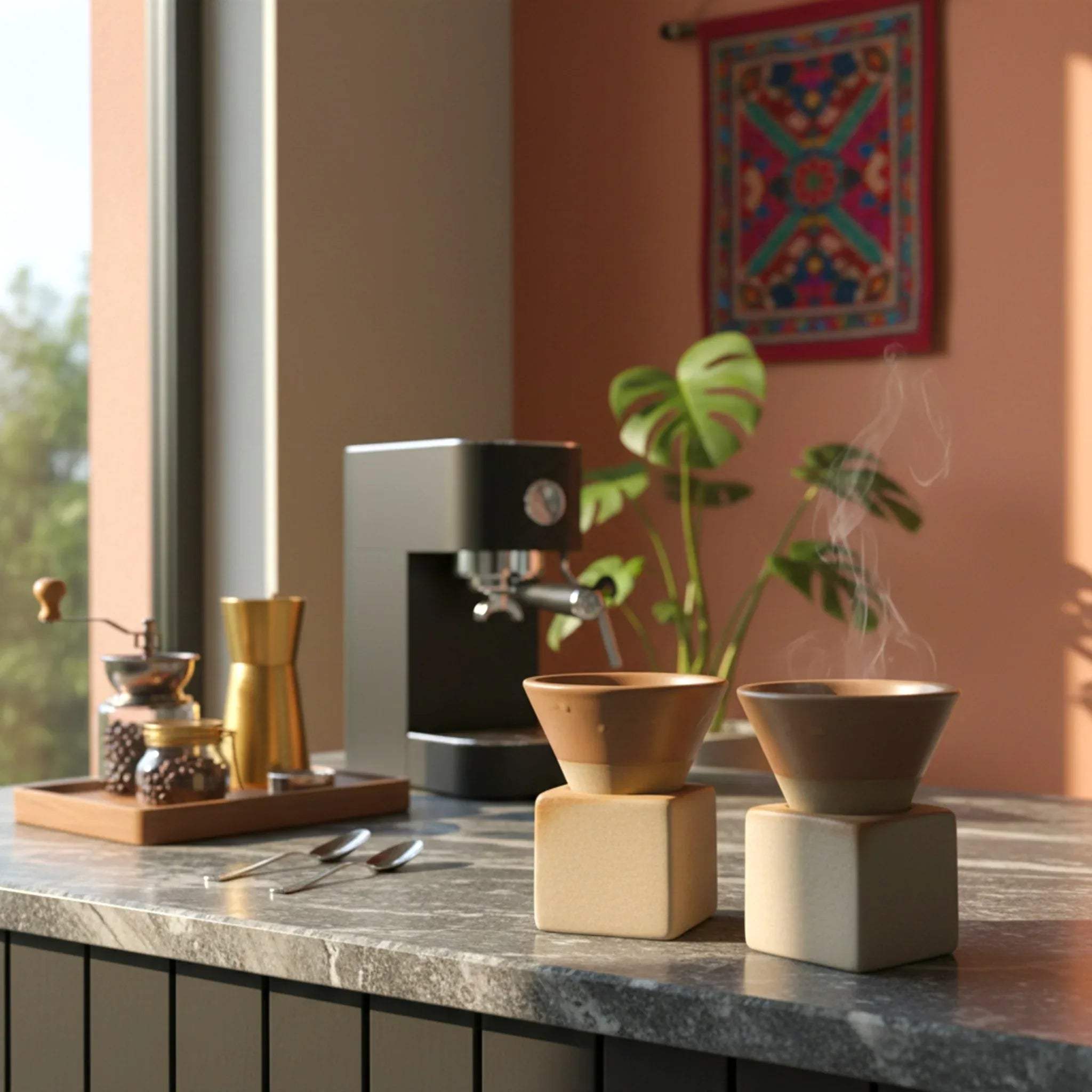 Modern espresso set with square stand; 75ml matte brown ceramic cup for a structured, architectural kitchen look.