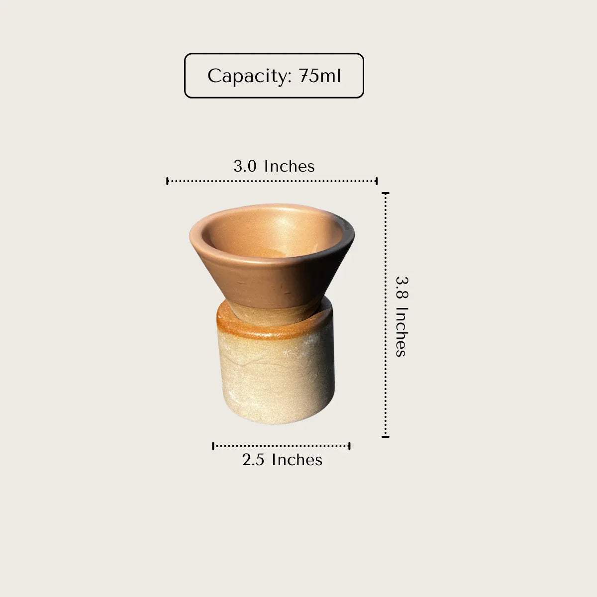 Terra Conical Espresso Set specs; 75ml capacity, 3.8" height, and 270g weight for a substantial, high-end feel.