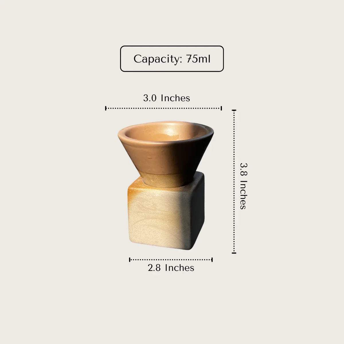 Terra Conical Espresso Set specs; 75ml capacity, 3.8" height, and 270g weight for a substantial, high-end feel.