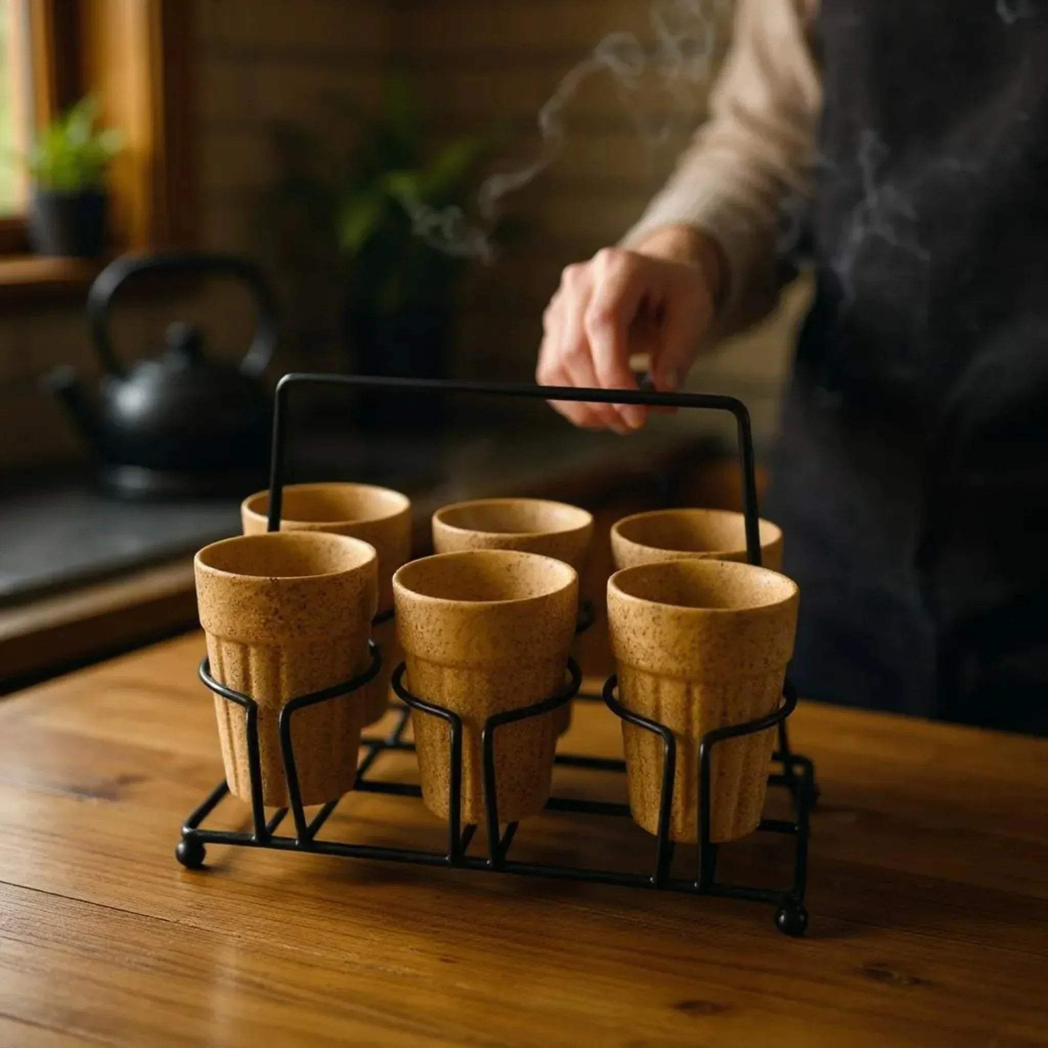Terra Kulhad Set; six earthy, terracotta-style ceramic cups with a raw, tactile finish for tea or coffee.