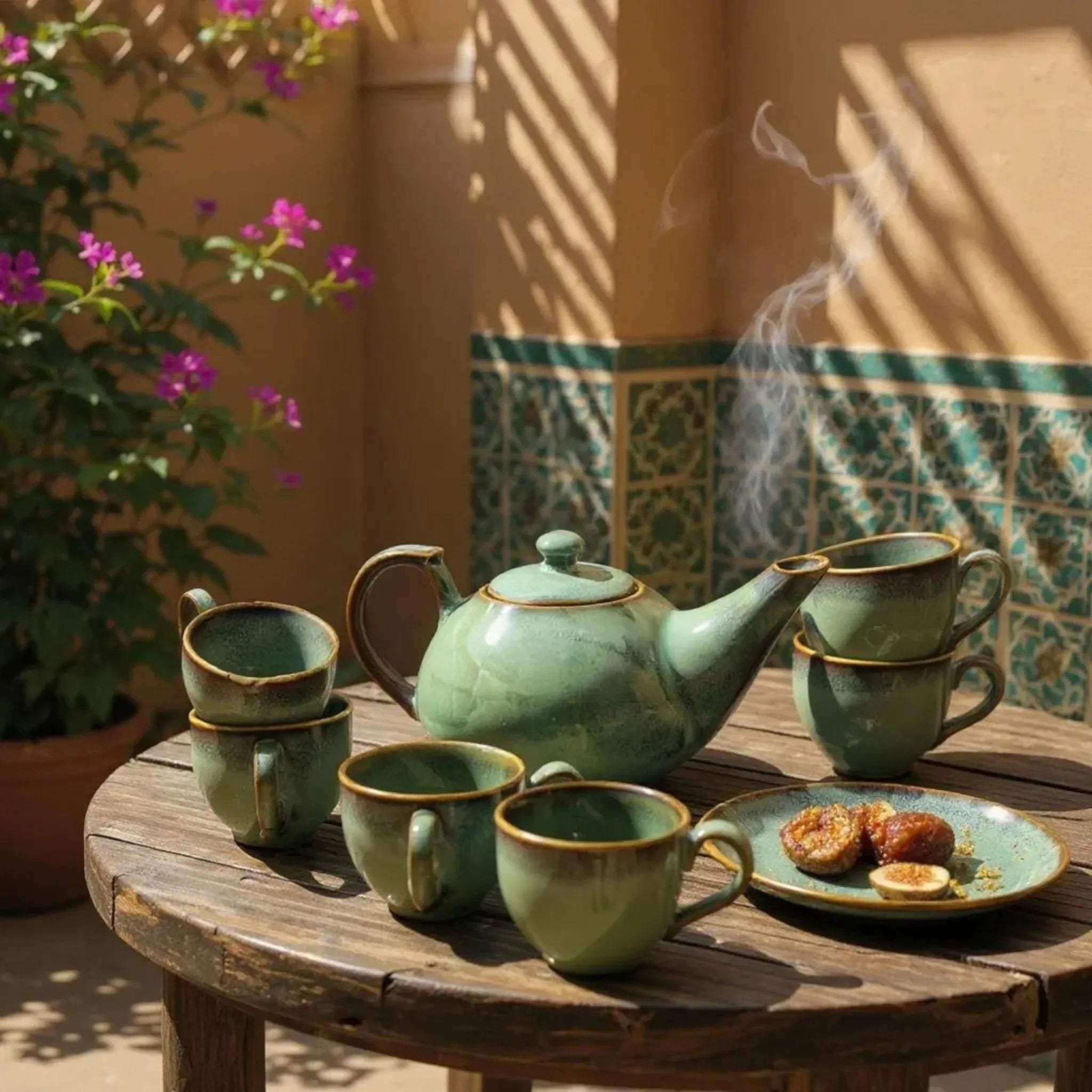 Timeless Rituals Tea Set; a complete collection including a ceramic teapot and matching minimalist tea cups.