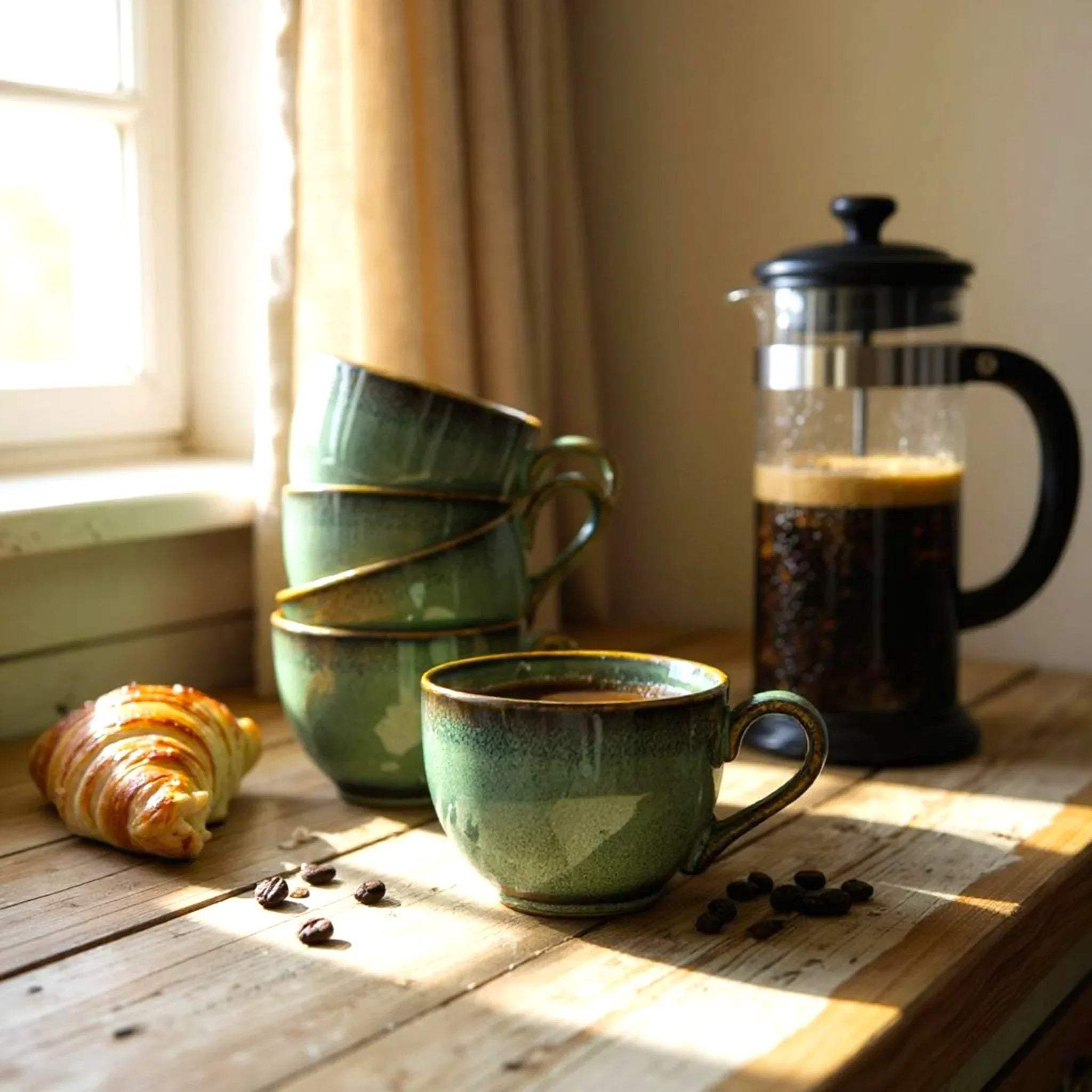 Green ceramic cups and a French press on a wooden surface with coffee beans and a croissant.