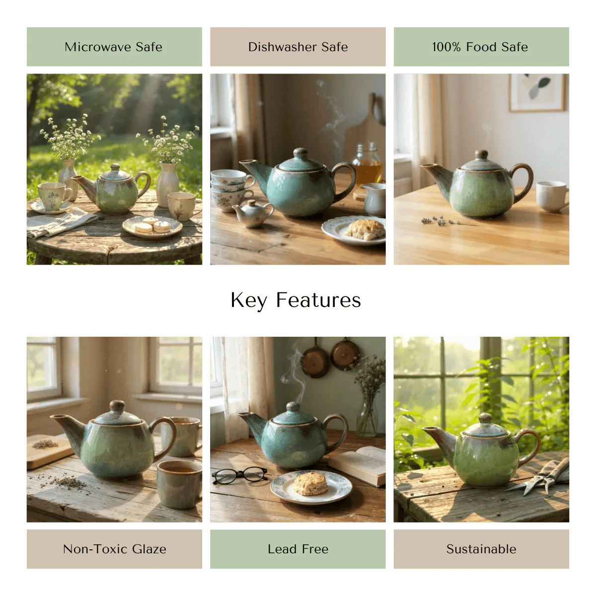 Rustic Stone quality; lead-free glaze, dishwasher safe, and handcrafted green teapot.