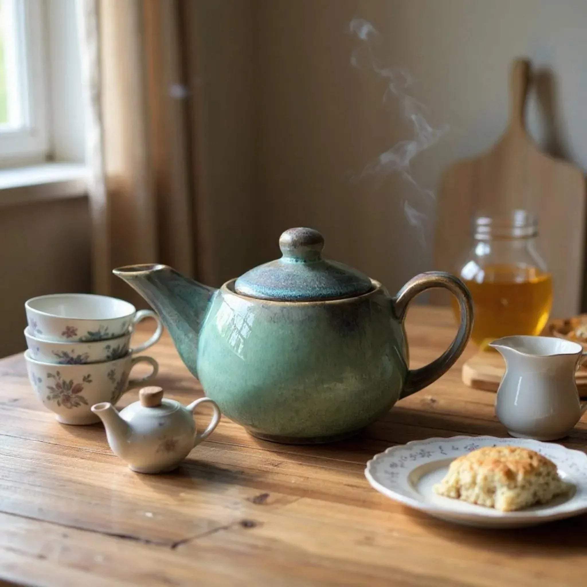 Timeless Rituals Mini Kettle; a compact, artisanal ceramic teapot with an ergonomic handle and sleek spout.
