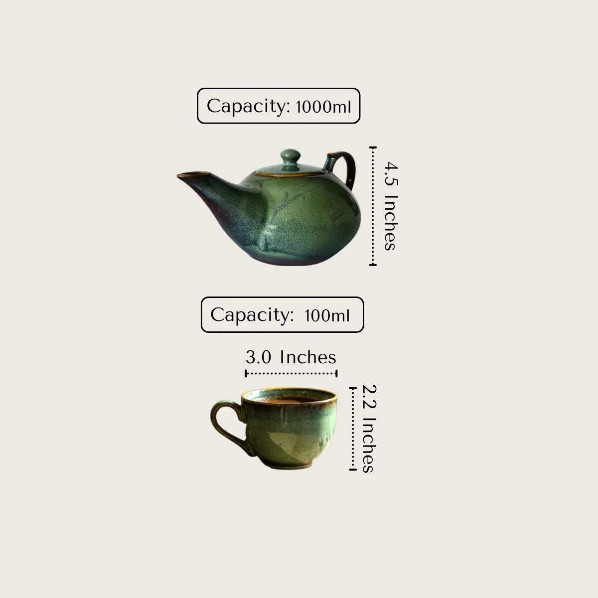 Dimensions graphic showing the 1,000ml capacity of the teapot and 100ml capacity of the teacups.