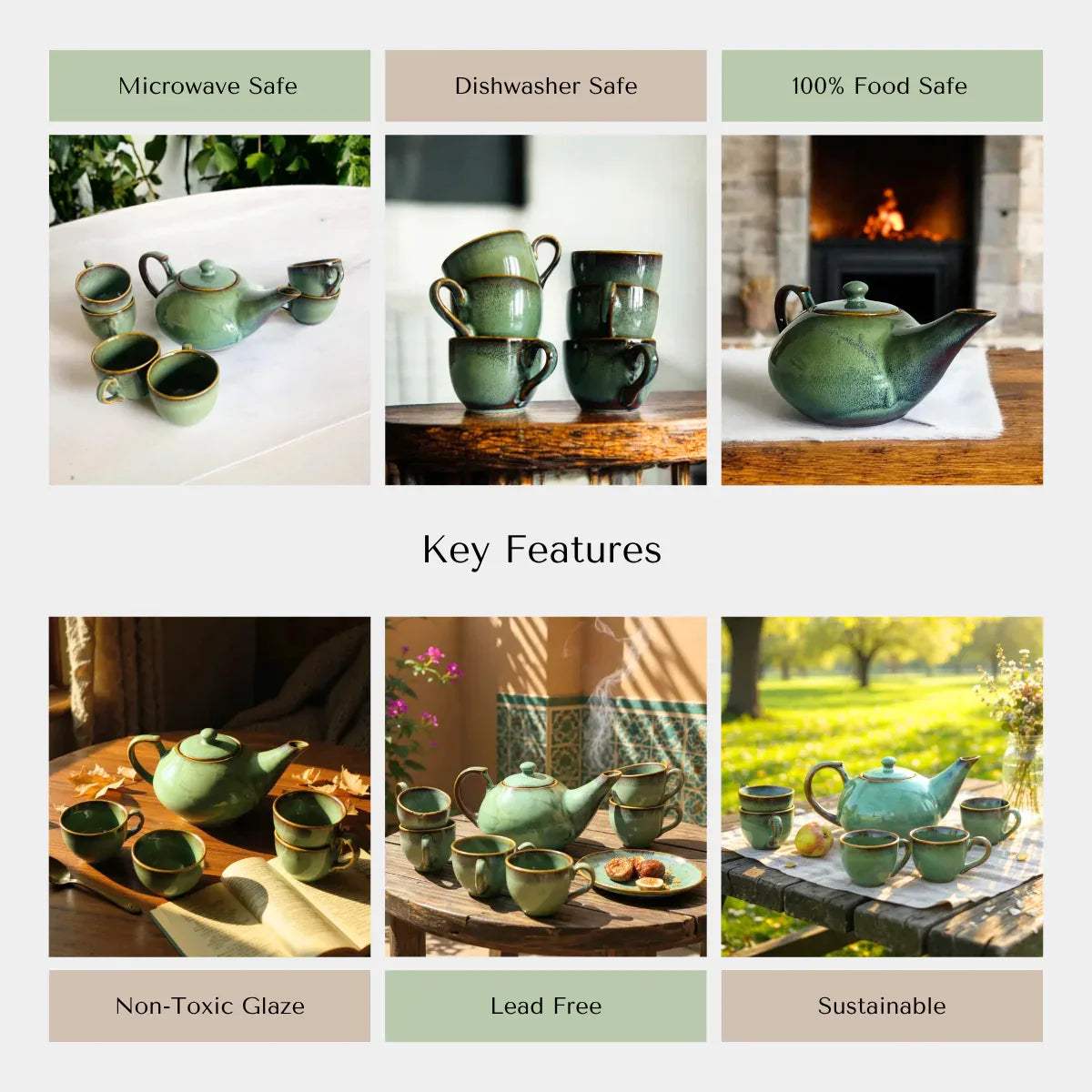 Artisanal quality; dishwasher safe, non-toxic food-grade glaze, and durable high-fired ceramic teaset.