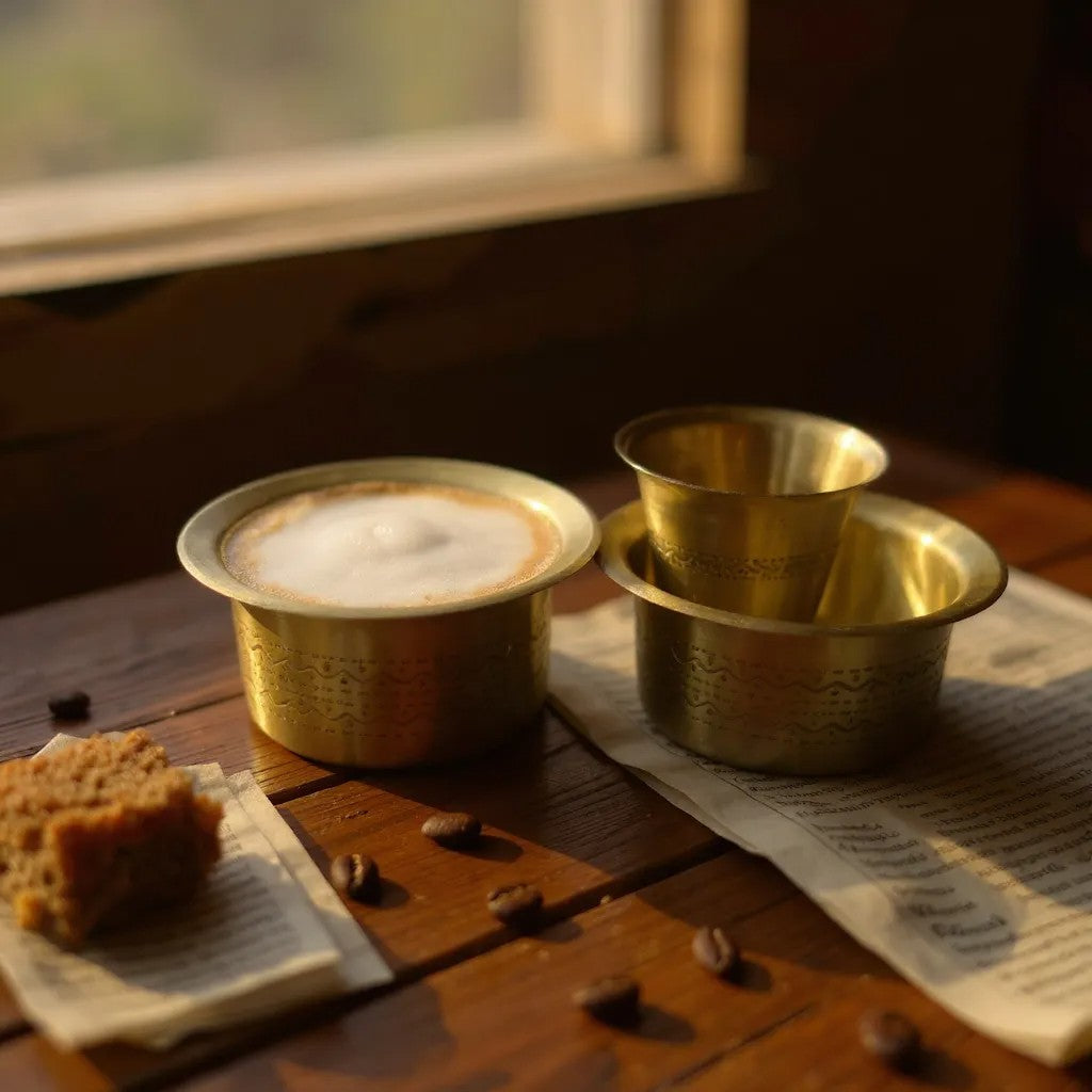 Brass Kaapi set with frothy coffee; Pinterest-worthy morning ritual and traditional Indian breakfast styling.