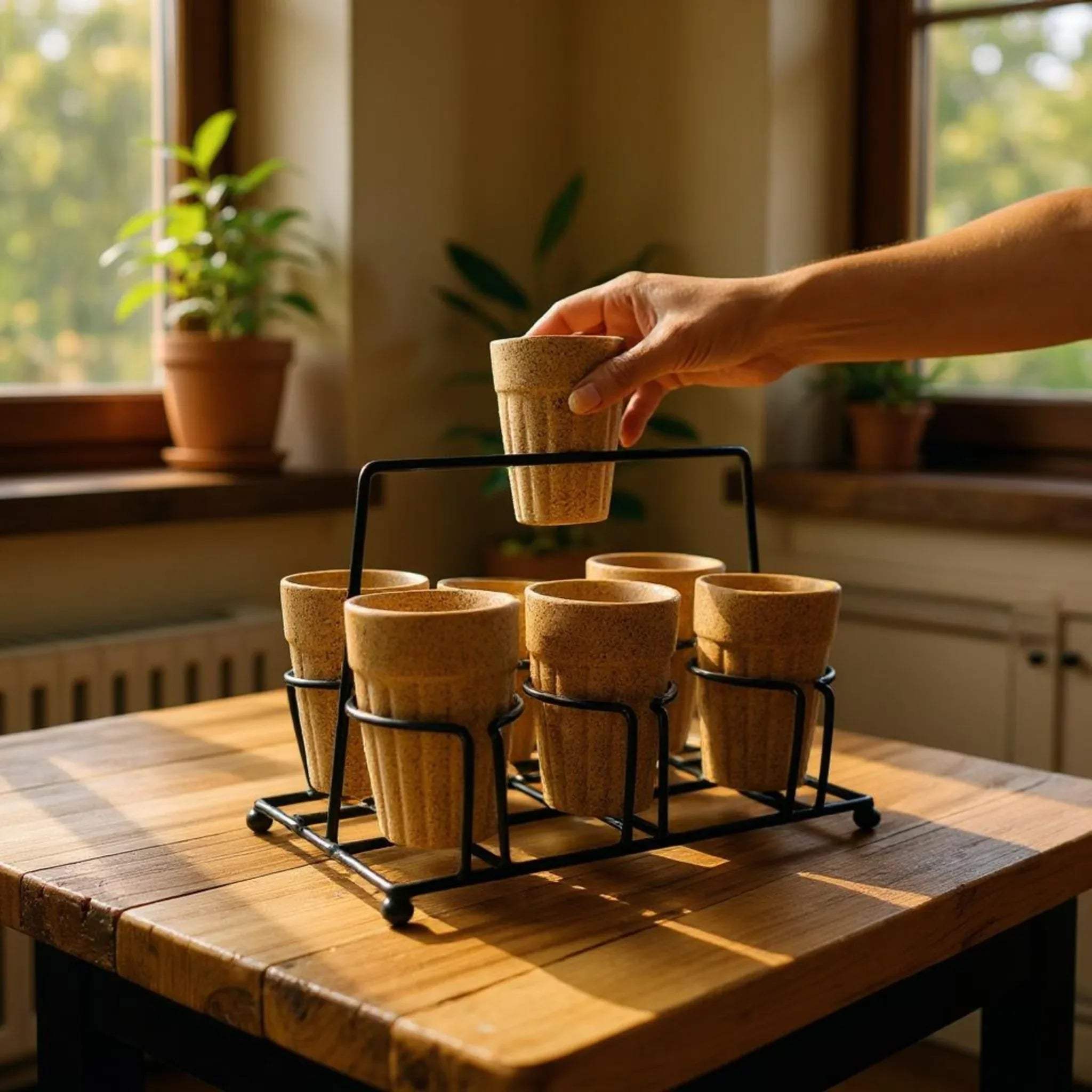 Breakfast table; the set of six arranged in a metal tea stand on a bright, sunny morning table.