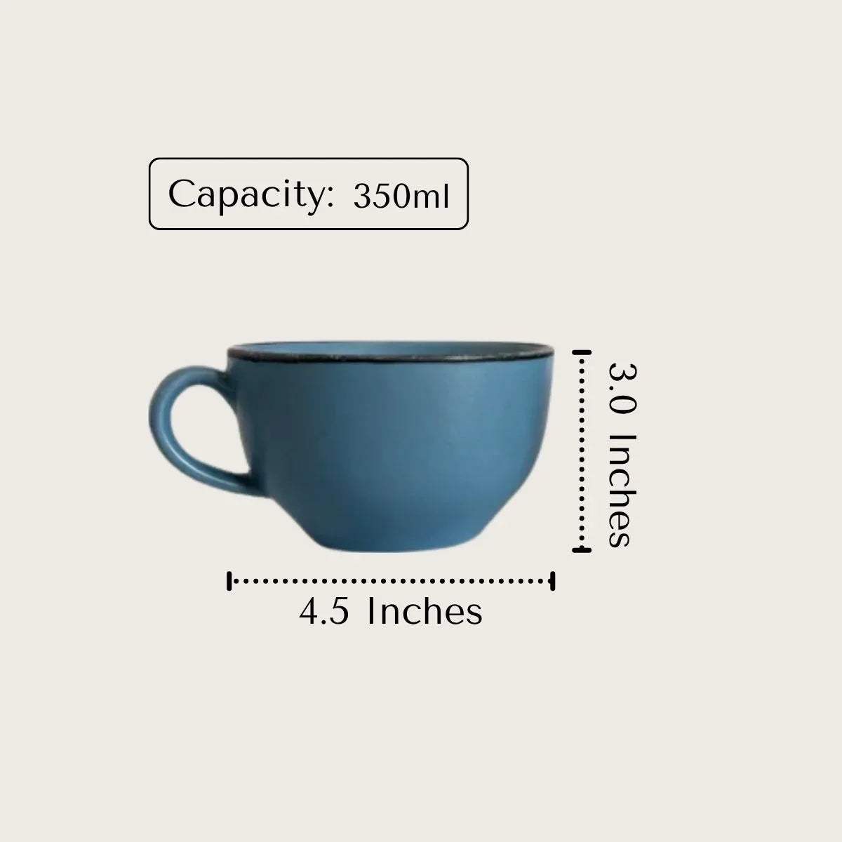 Blue artisanal stoneware cup from Rustic Stone, 350ml capacity, 4.5x3 inches.